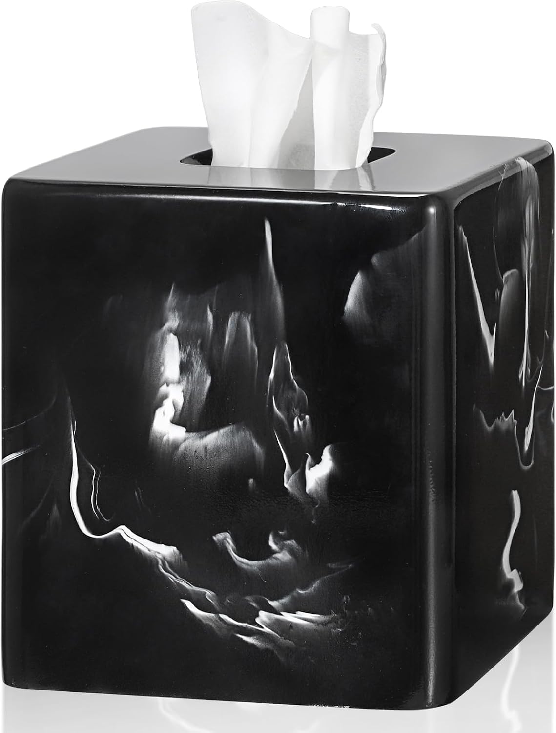 Resin Tissue Box Cover, Square Modern Tissue Holders for Bathroom, Decorative Cube Tissue Dispenser with Inner Marble Pattern and Open Bottom, Stylish Unique Housewarming Gift