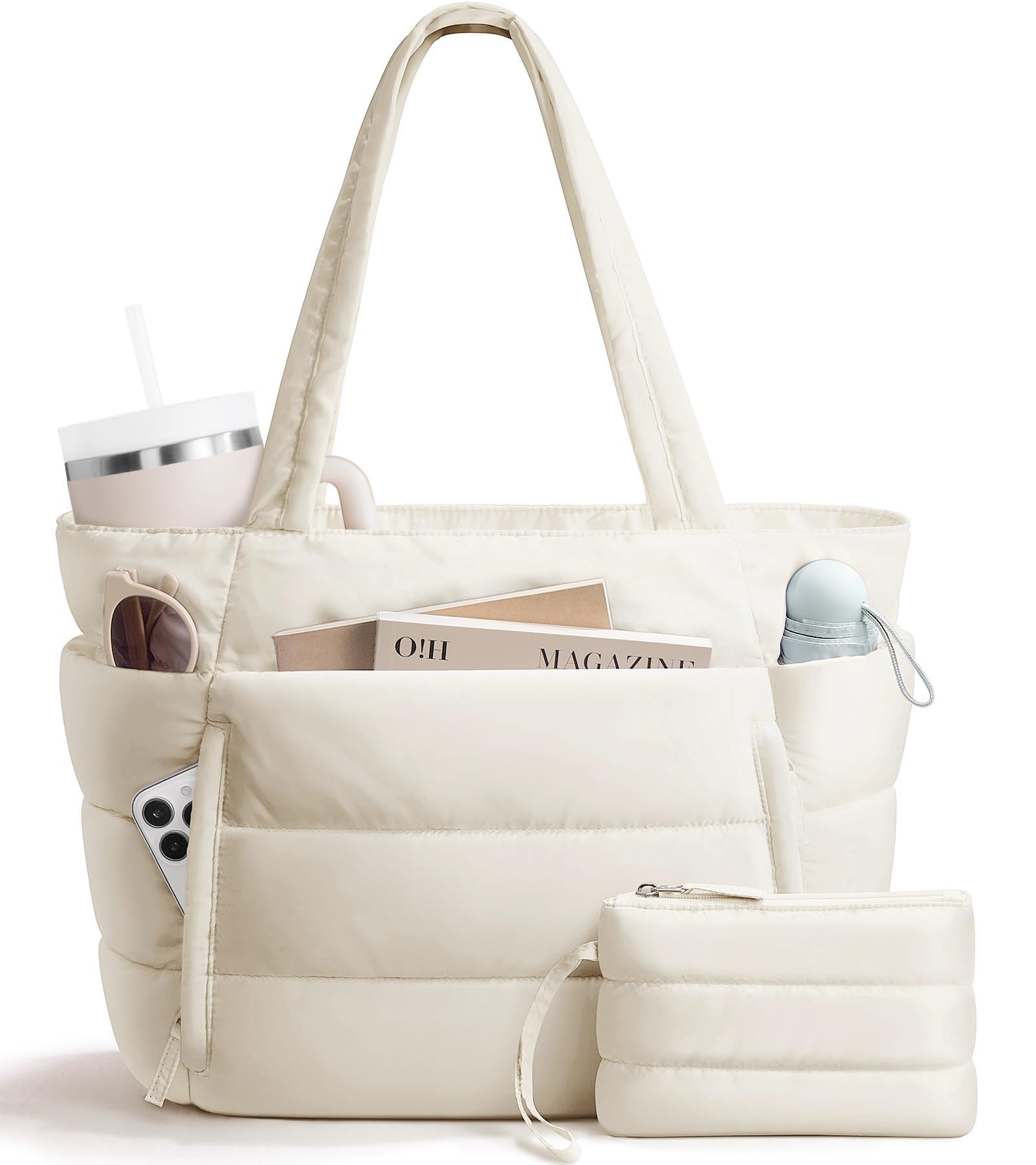 Puffer Tote Bag for Women Lightweight Puffy Work Handbag Teacher Nurse Quilted Shoulder Bag for School Travel Gym