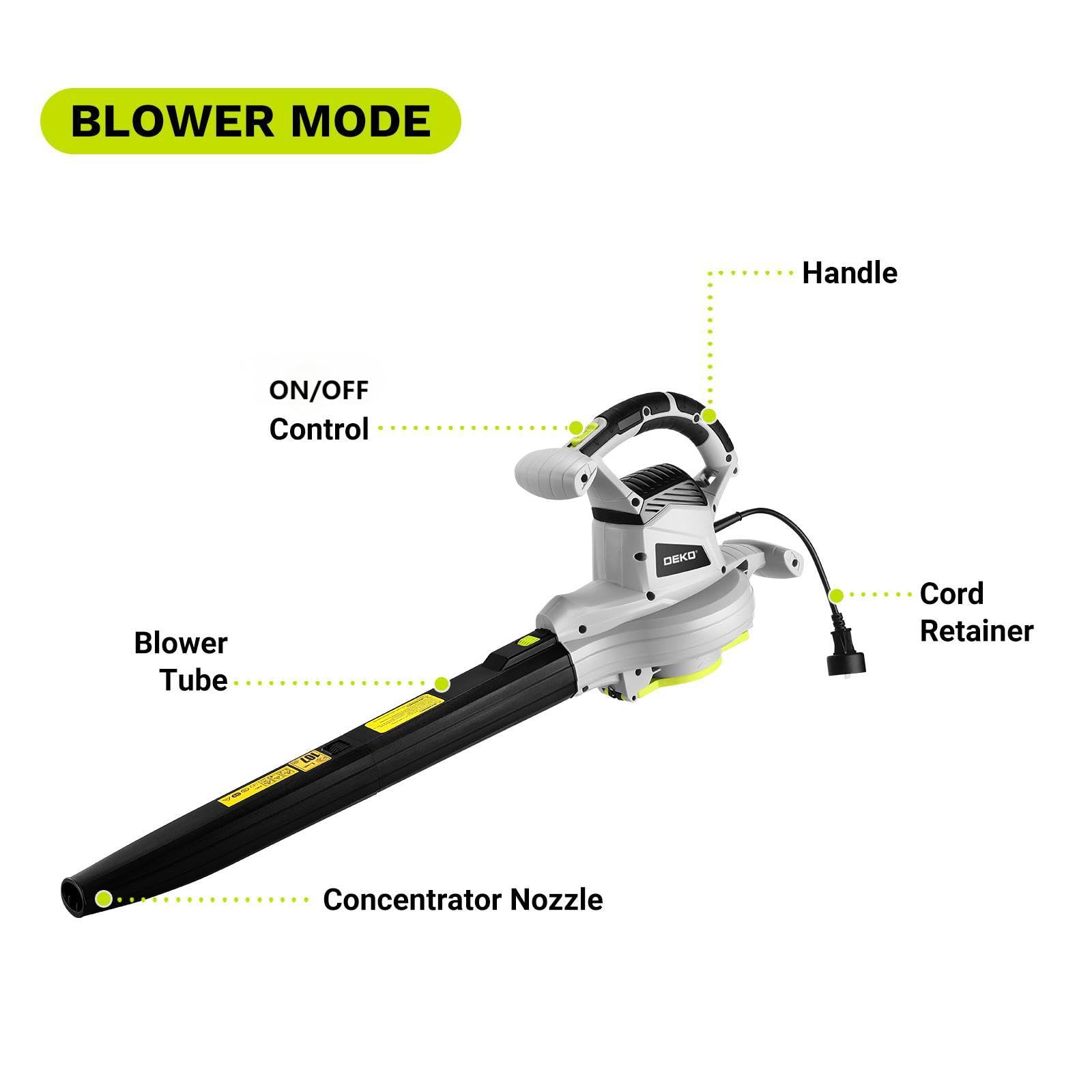 DEKOPRO Soplador de hojas eléctrico 3 en 1 de 12 amperios, con cable, aspiradora de hojas y herramientas para el cuidado del césped con bolsa colectora de hojas de 40 L para patio, jardín, 450 CFM