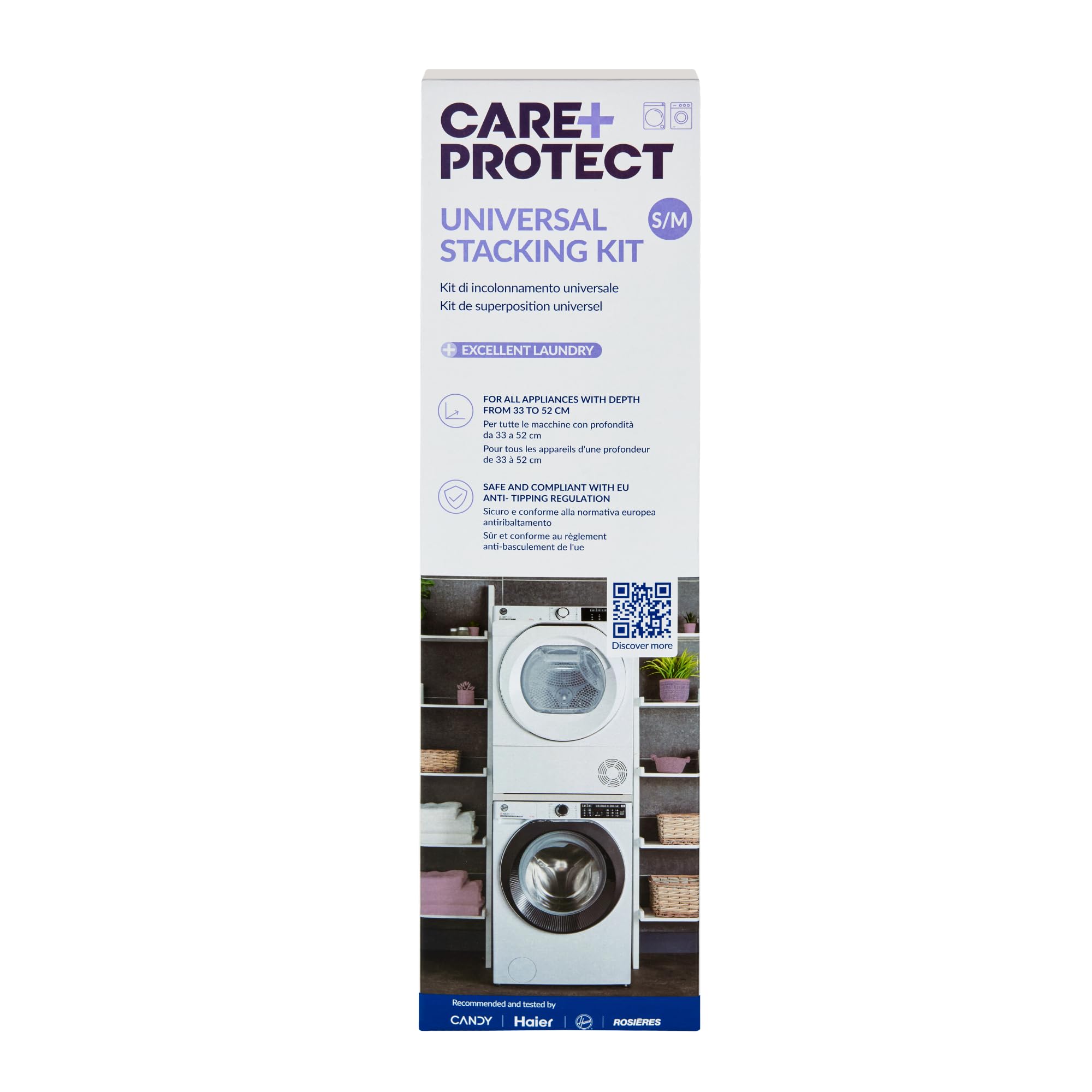 CARE+PROTECT Universal Stacking Kit, for Washing Machines and Tumble Dryers, Depth 33 to 52 cm, Space-Saving, Anti-Tipping, Easy to Install, White