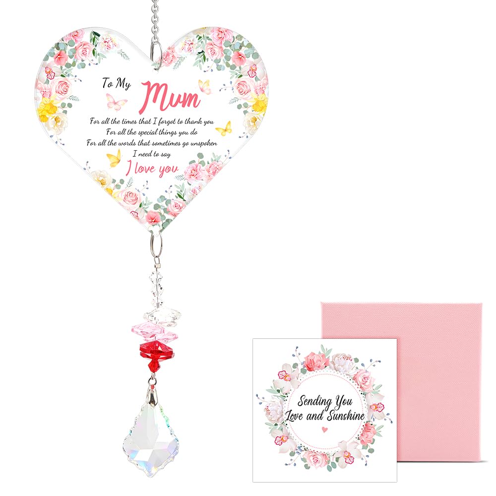 Hungban Mum Heart Crystal Suncatcher For Mother Gift With Greeting Card & Gift Box, Heart-Shaped Rainbow Window Hanging For Birthday, Mother’s Day, Christmas, Thank You Keepsake (Mum)