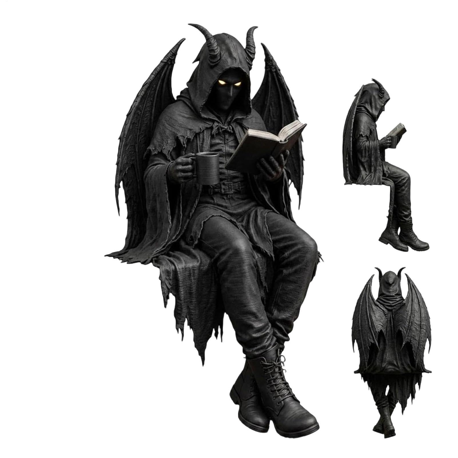 2026 Gothic Dark Fantasy Figure, 4.7/6.3inch Seated Reaper Reading Book Sculpture, Gothic Shelf Decor - Horror Figures for Pc and Bookshelve Halloween
