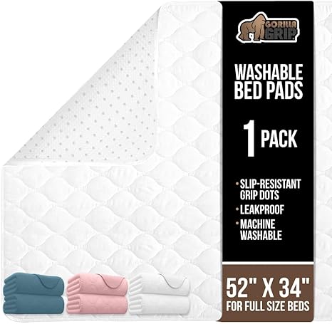 GORILLA GRIP Washable Underpads, Waterproof Reusable Heavy Absorbency Incontinence Bed Pads, Leak Proof Toddler Mattress Pad, 52x34 Slip Resistant Protector for Bedwetting, Adults and Kids, White GORILLA GRIP Washable Underpads, Waterproof Reusable Heavy Absorbency Incontinence Bed Pads, Leak Proof Toddler Mattress Pad, 52x34 Slip Resistant Protector for Bedwetting, Adults and Kids, White