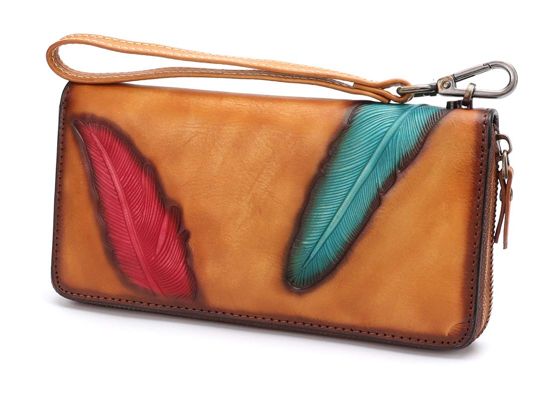 Women's Wallet Genuine Leather Zip Around Wristlet Long Purse Vintage Embossing Cowhide Capacity Handmade Clutch(Brown)