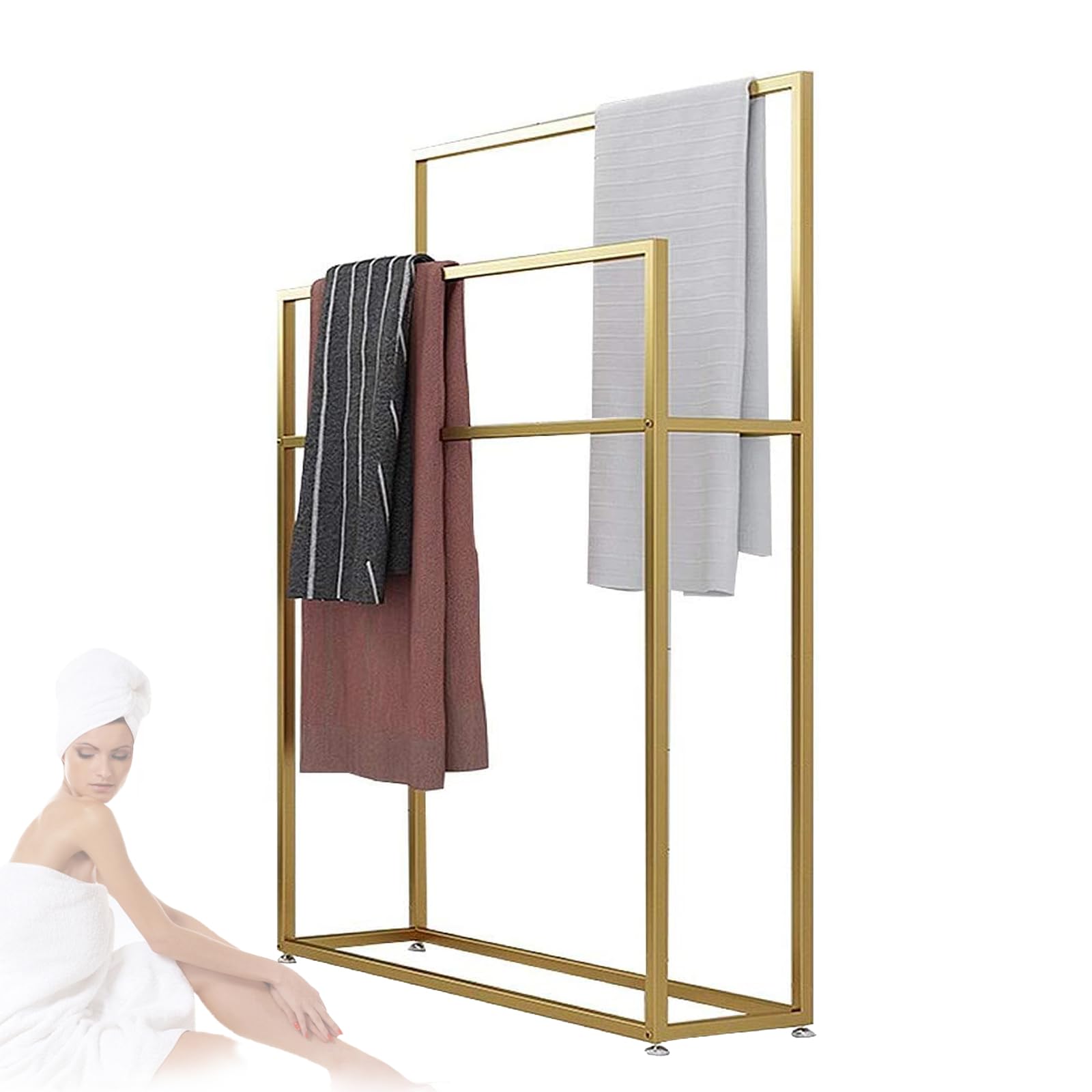Porta Toallas Baño de Pie, Toallero Independiente Dorado, Soporte para Toallas con 2 Barras, Alto Escalera Toallero de Metal para Toallas, Mantas, Salidas (Gold, 75x20x110 cm)