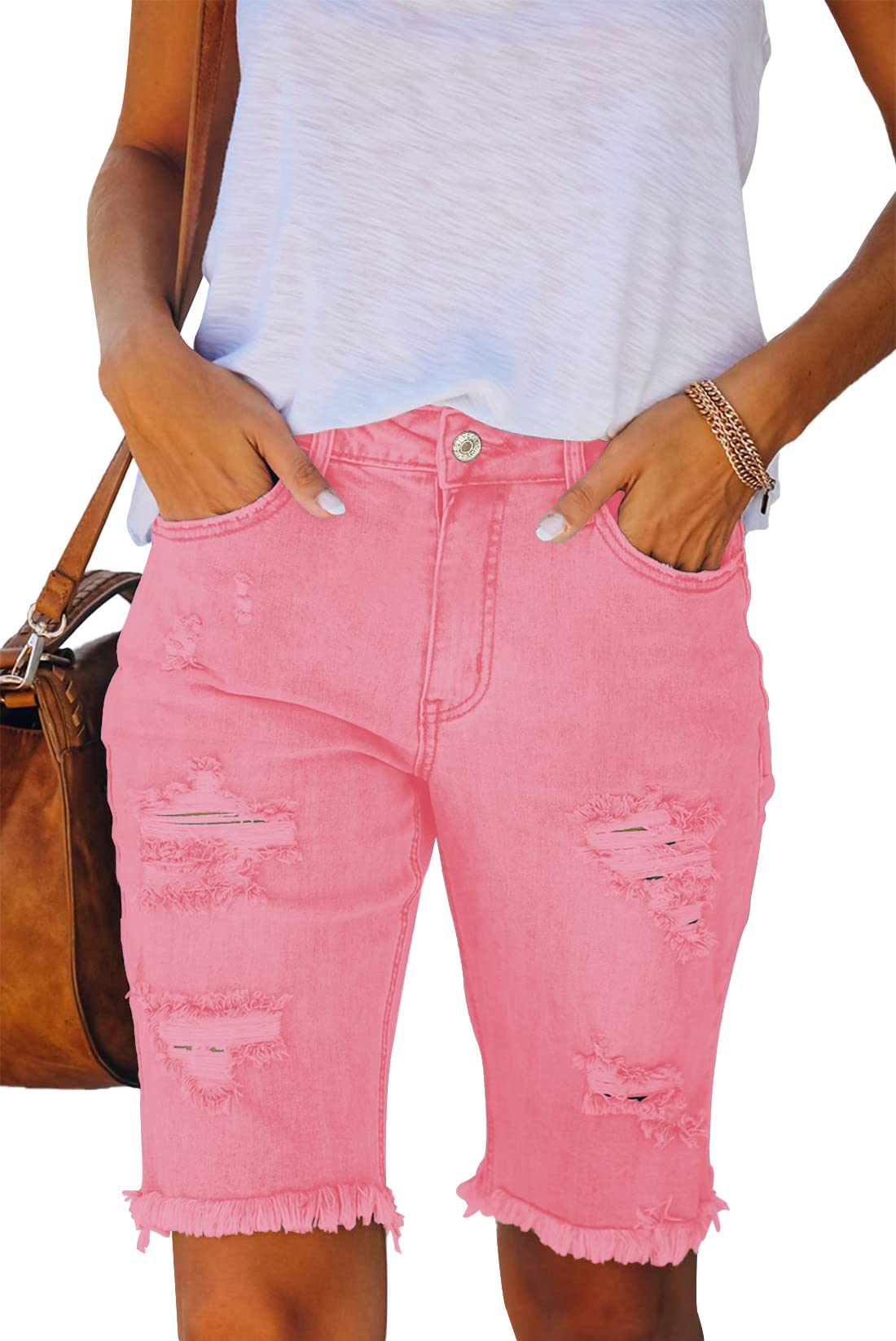 Ancapelion Damen Casual Denim Shorts Mid Waist Bermuda Jeans Shorts Raw Hem Ripped Hole Jeans mit Taschen