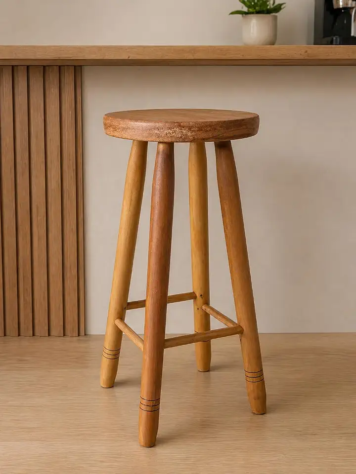 Banco Alto de Madeira Maciça 70 cm | Assento Redondo 28 cm, 4 Pernas, Estilo Rústico