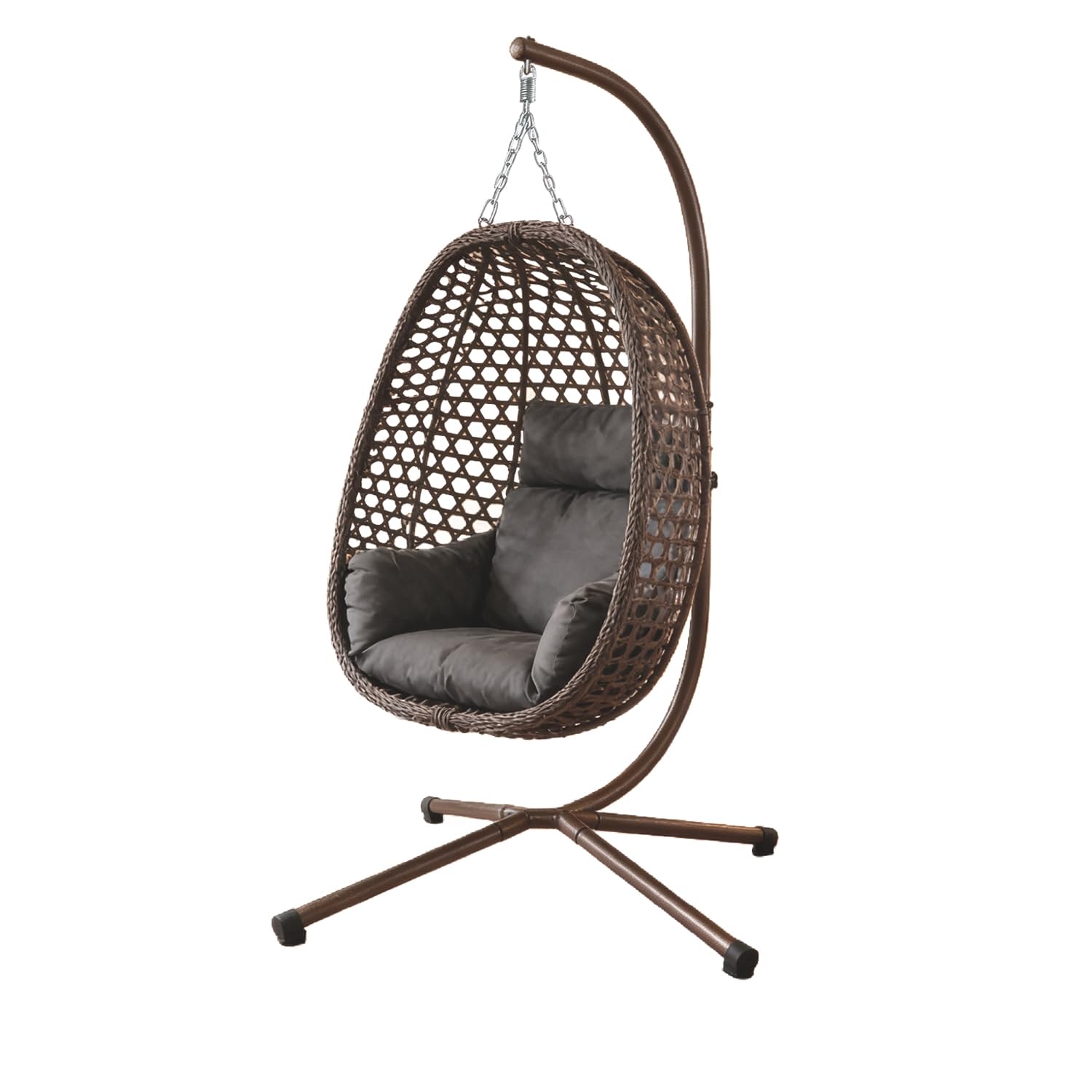 Foldable Hanging Egg Chair with Stand, 150kg Capacity, PE Wicker Rattan & Steel Frame, Thick PP Cotton Cushion, Anti-Rust Coating for Indoor/Outdoor Use (Brown rattan with dark grey cushion)