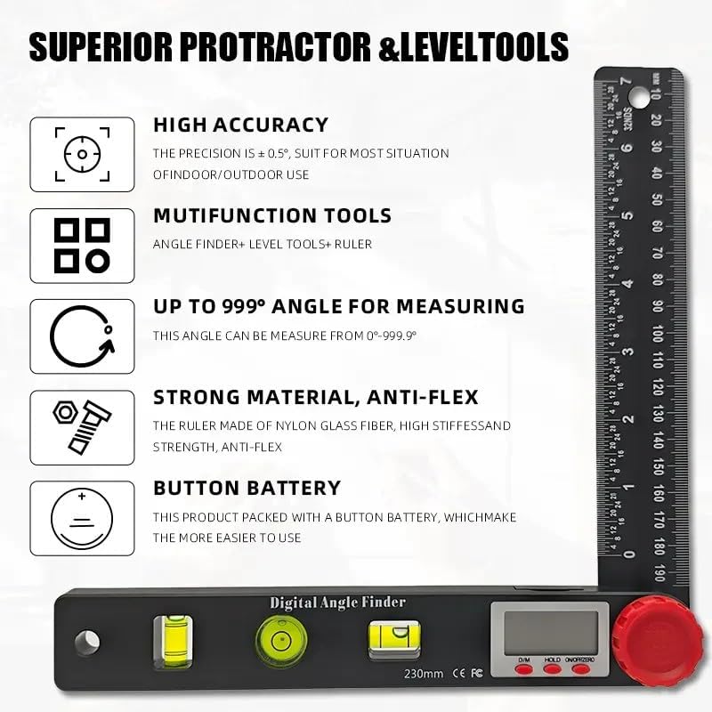 4-in-1 Digital Angle Finder Ruler with Level, Professional Measuring Tool, Rotate 360 Degree, Angle Finder Tool with Lock & Hold Function for Carpenter Construction Diy Measuring (Orange)