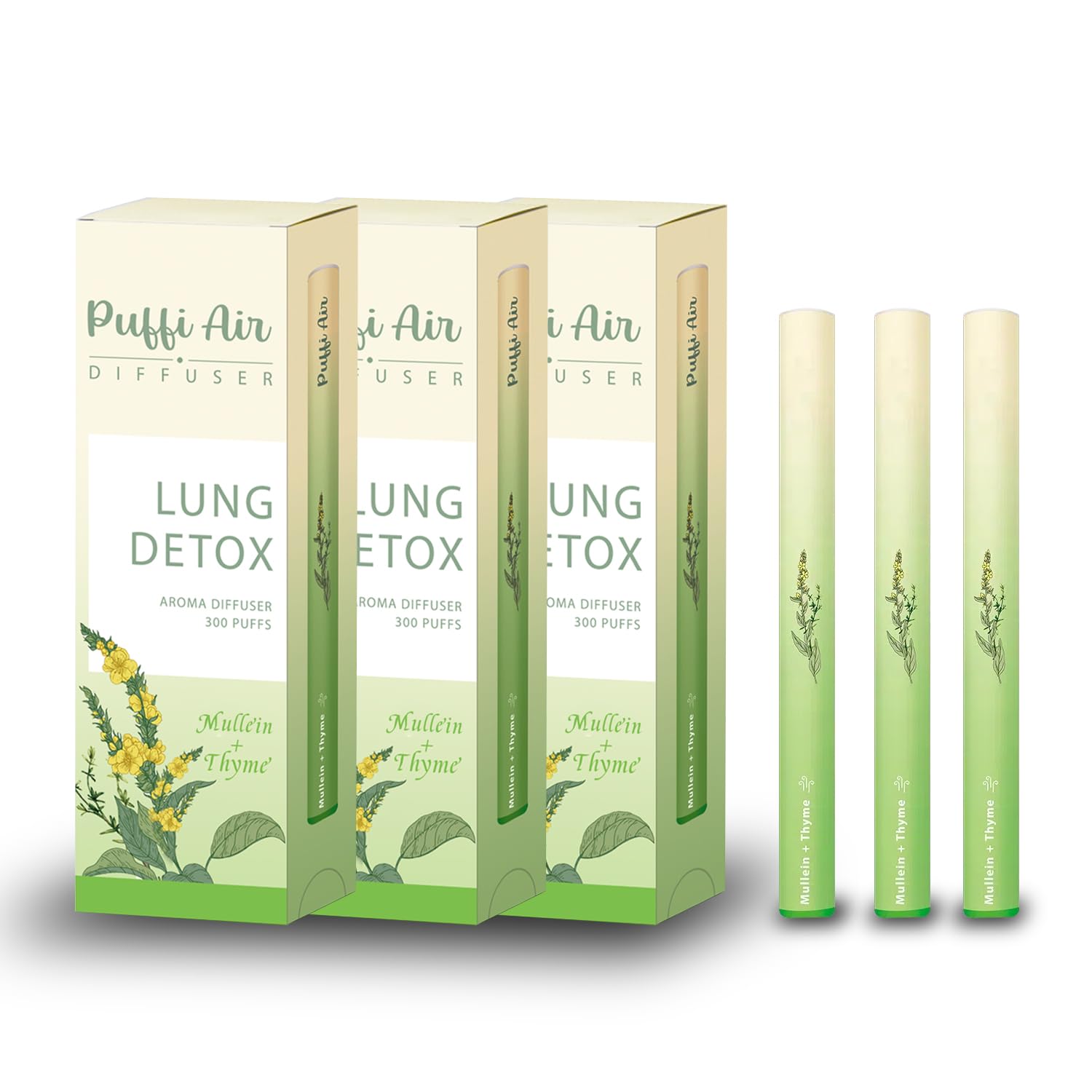 PUFFIAIR 3PC Herbal Diffuser Pen, 10cm Lung Cleanse Diffuser, Mullein Flavoured Air Inhaler, No Nicotine Inhaler with Mullein
