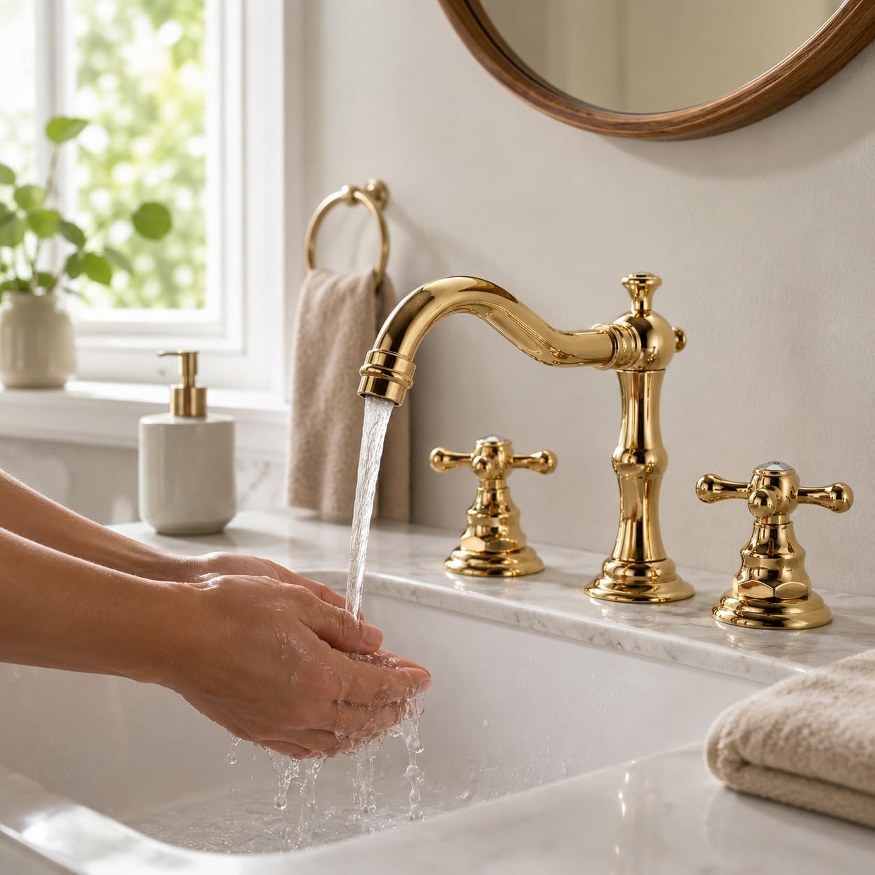 Grifo Mezclador para Lavabo de baño de 3 Orificios con Doble Han Les Control de Agua Caliente y fría Grifo de Lavabo Elegante urable y fácil de Instalar (Color: Cromo)
