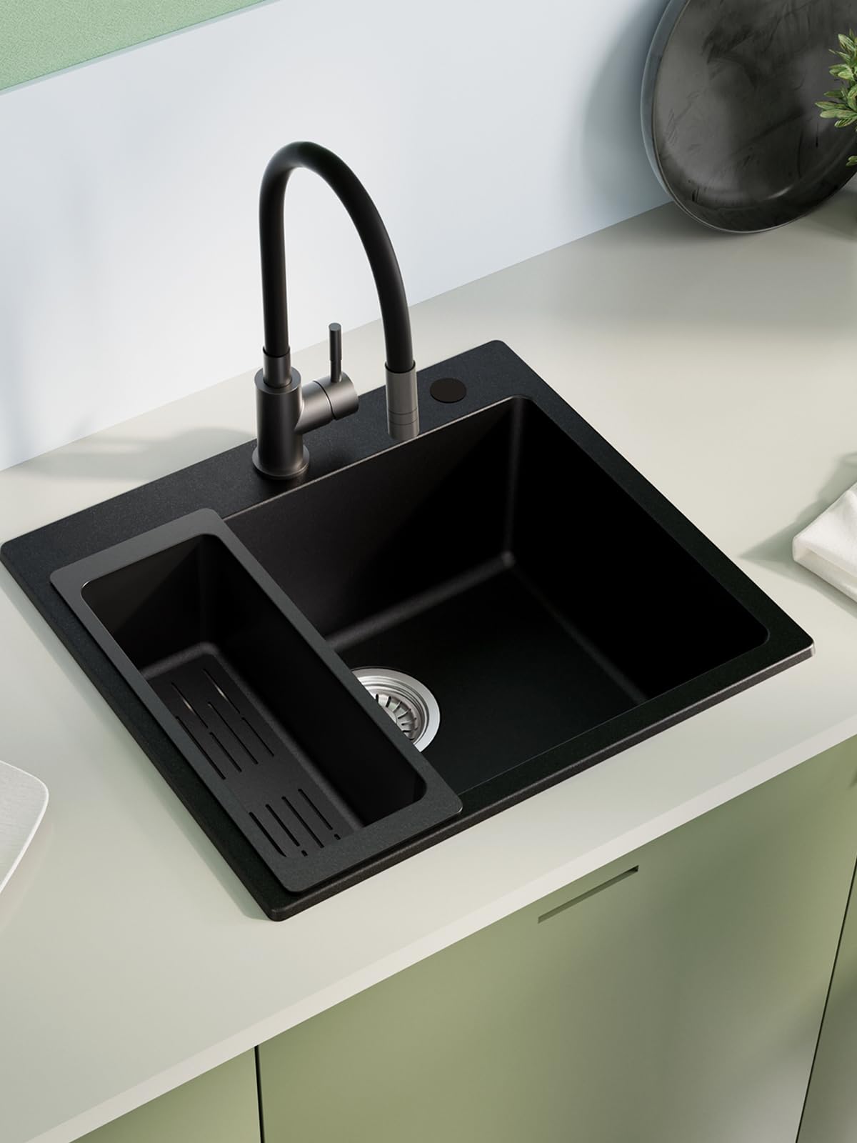 Sofetiy Küchenspüle Schwarz Granit 50x45cm, Spülbecken Küche Eckig, Moderne Einbauspüle Set mit 2 Hahnlöchern, Waschbecken Küche Schwarz, Spüle Küche, Granitspüle für Küchen, Hauswirtschaftsraum