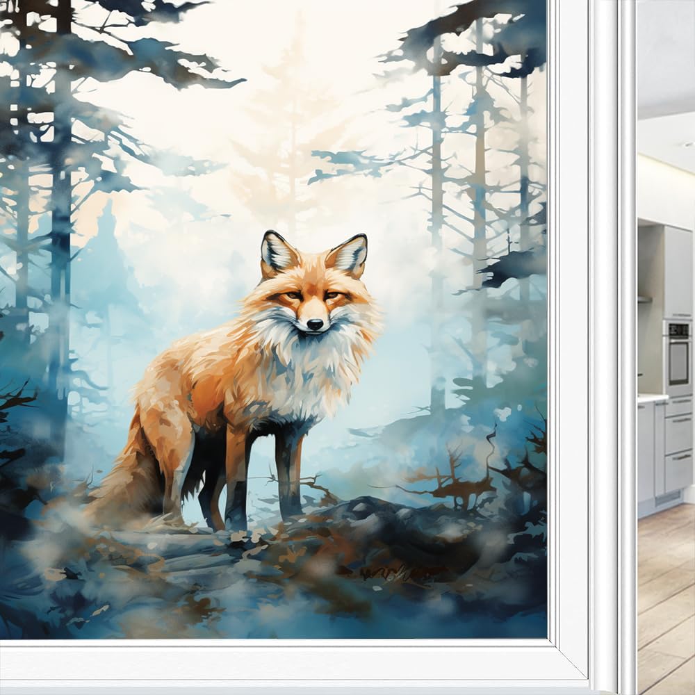 Fyfmushe Abstract Fantasy Fox Window Privacy Film Stained Glass Mystery Animals Vintage Window Clings For Glass Decorative Stickers Static Cling Sun Blocking Coverings 60X90 Cm