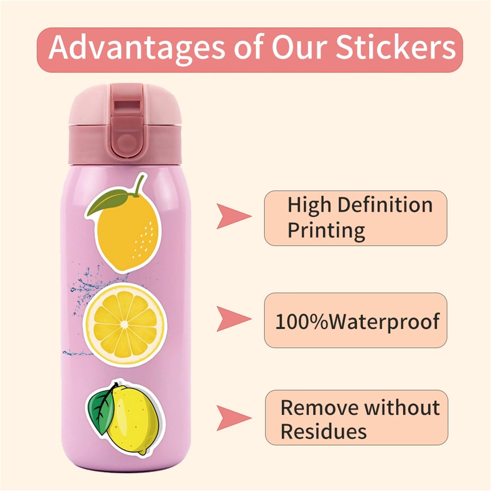 50 adesivi Kawaii in vinile con limoni freschi, impermeabili, per bottiglie d'acqua, laptop, bagagli, tazze, telefono cellulare, skateboard, chitarra (limone)