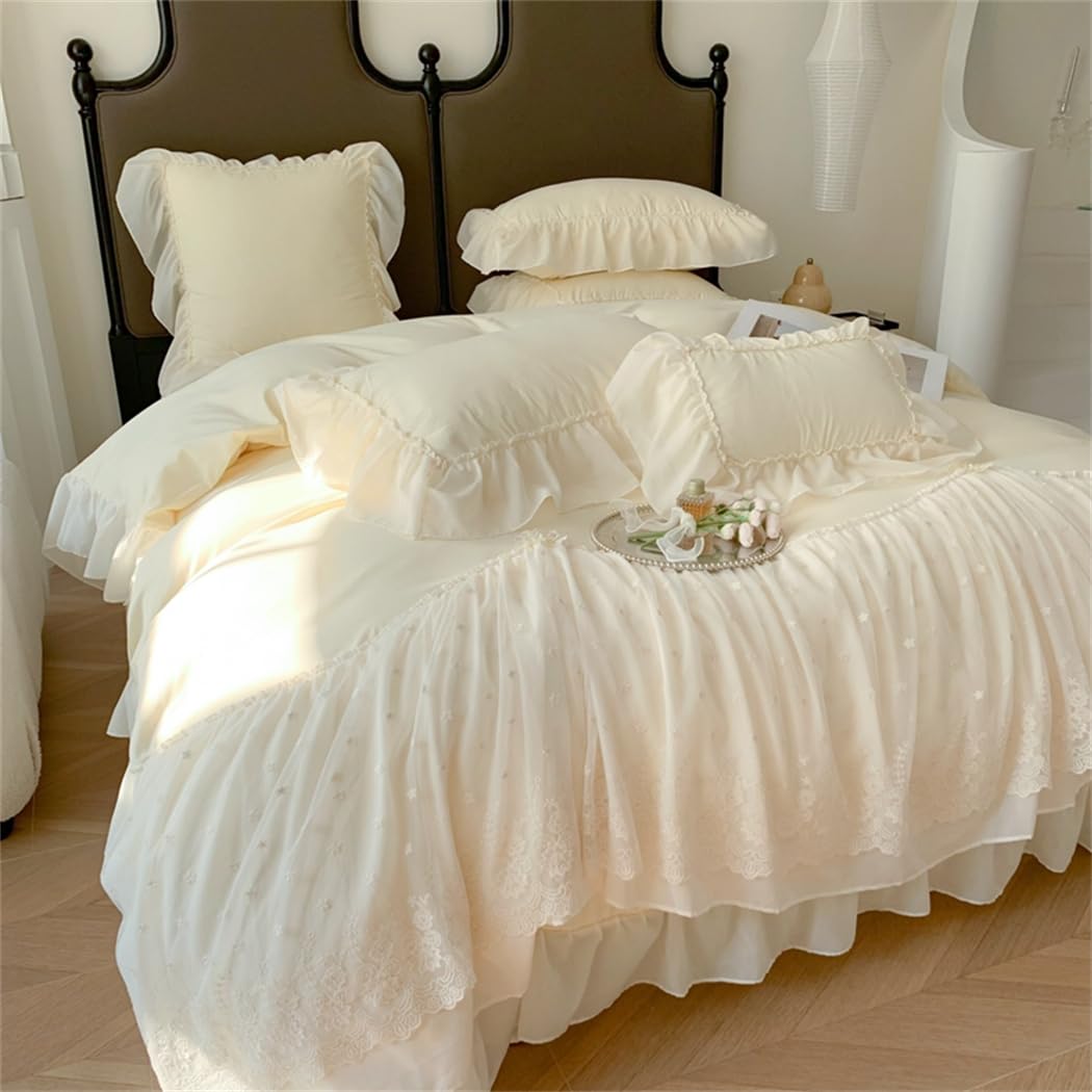 IHOUSTRIY Lace Duvet Cover Twin Size, Chiffon Ruffled Beddding Set with Flower, 2 Pieces Comforter Cover Set with Zipper Closure, Girl Princess Bedding with Pillowcase - Cream Yellow, Twin