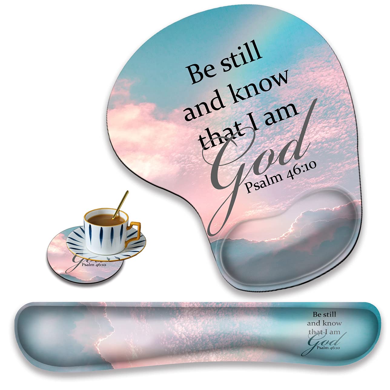 XMTMR-Glass Ergonomically Upgraded Keyboard Wrist Rest and Comfortable Wrist Rest Gel Mouse Pad Set, Non-Slip Rubber Base and Cute Coaster, for Work, Game Home, Quoting Psalm 46:10