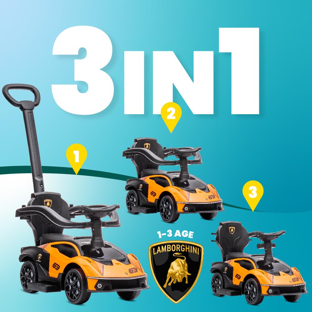 sun baby Jeździk pchacz dla dzieci Lamborghini Essenza SCV12, efekty dźwiękowe, schowek, pchacz sterujący kierownicą, wysuwane podparcie na stopy (Pomarańczowy)