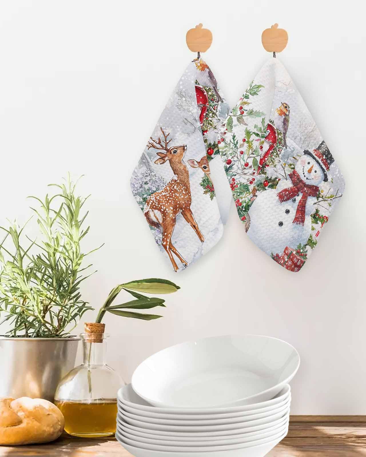 Hokiten Christmas Waffle Kitchen Towels Dishcloths, Snowman Elk Snowflake Xmas Botanical Absorbent Dish Towels | Hand Towels for Bathroom/Bar, 12 x 12 Inch, 2 Pcs