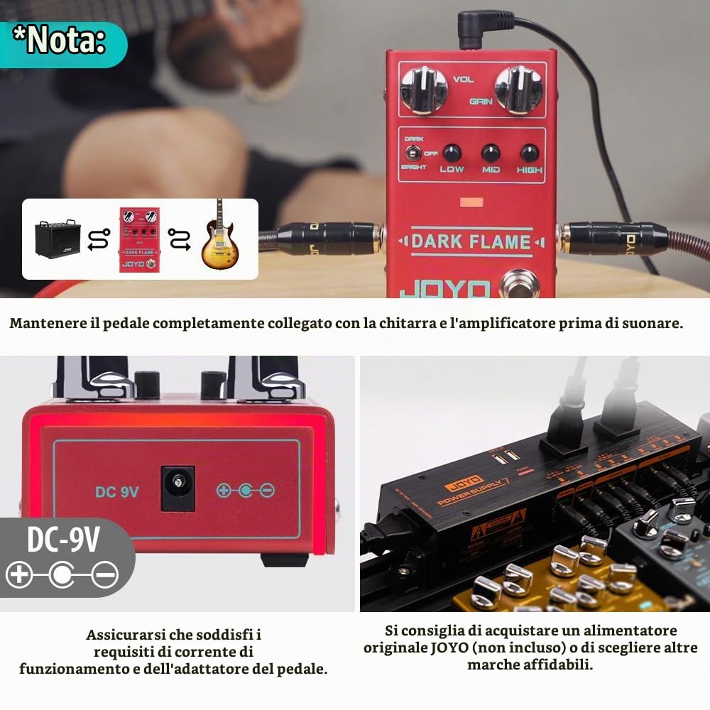 JOYO Pedale effetto per chitarra distorsore moderno in metallo ad alto guadagno con diversi stili di tono per chitarra elettrica - True Bypass (Dark Flame R-17)