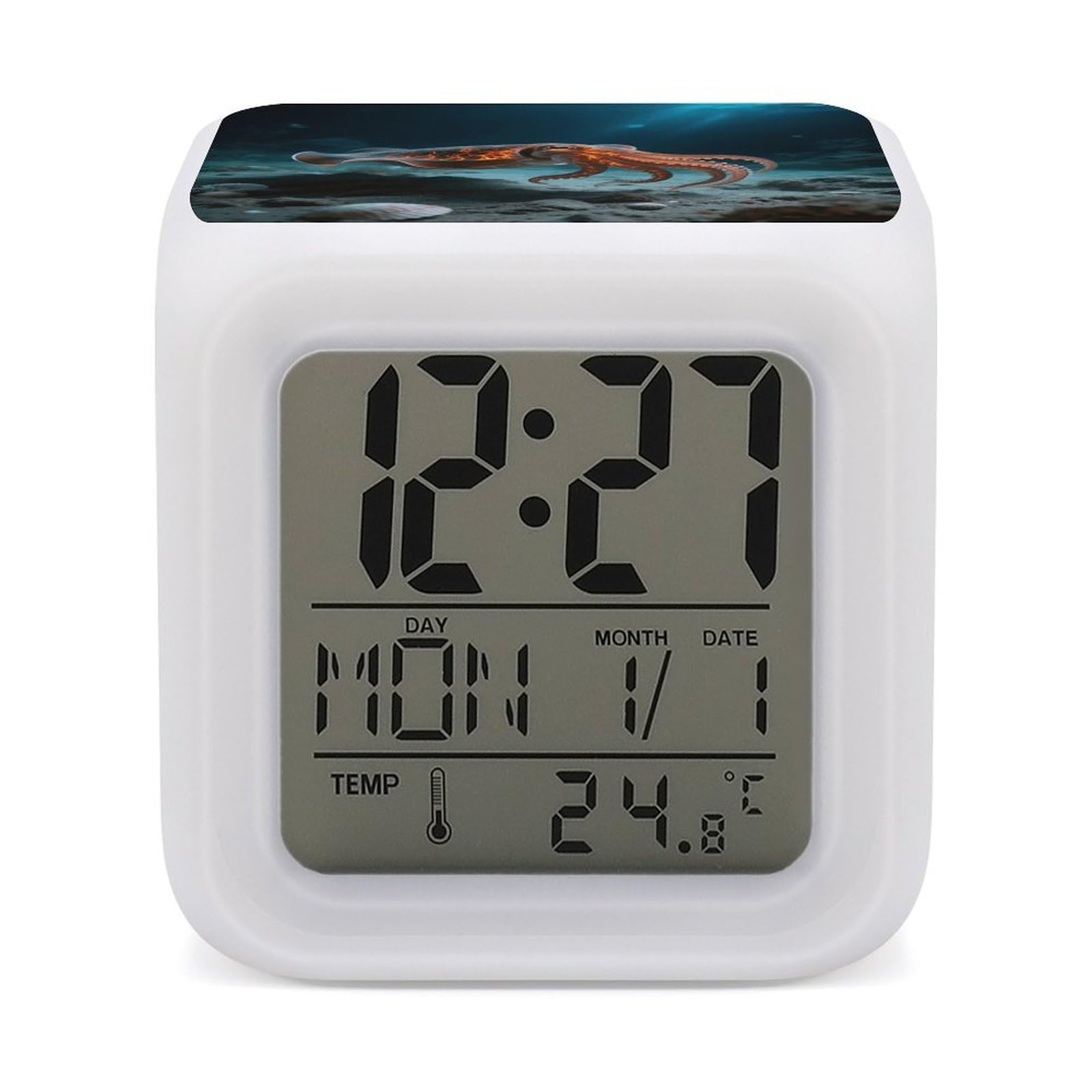 VstaDank Walking Flamboyant Cuttlefish Alarm Clock with Date Temperature Large LED Display Number Clocks with 7 Colors Changing Desk Clock Battery Operated Digital Clocks with Date for Heavy Sleepers