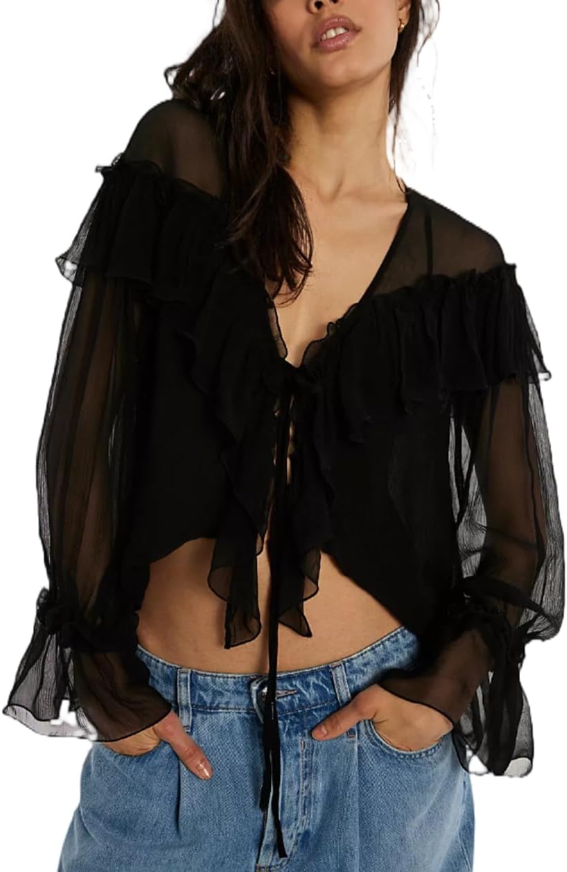 Women Boho Flowy Sheer Blouse Y2k Lace Trim Ruffled Long Sleeve Shirts Cute Front Tie Chiffon Oversized Country Tops