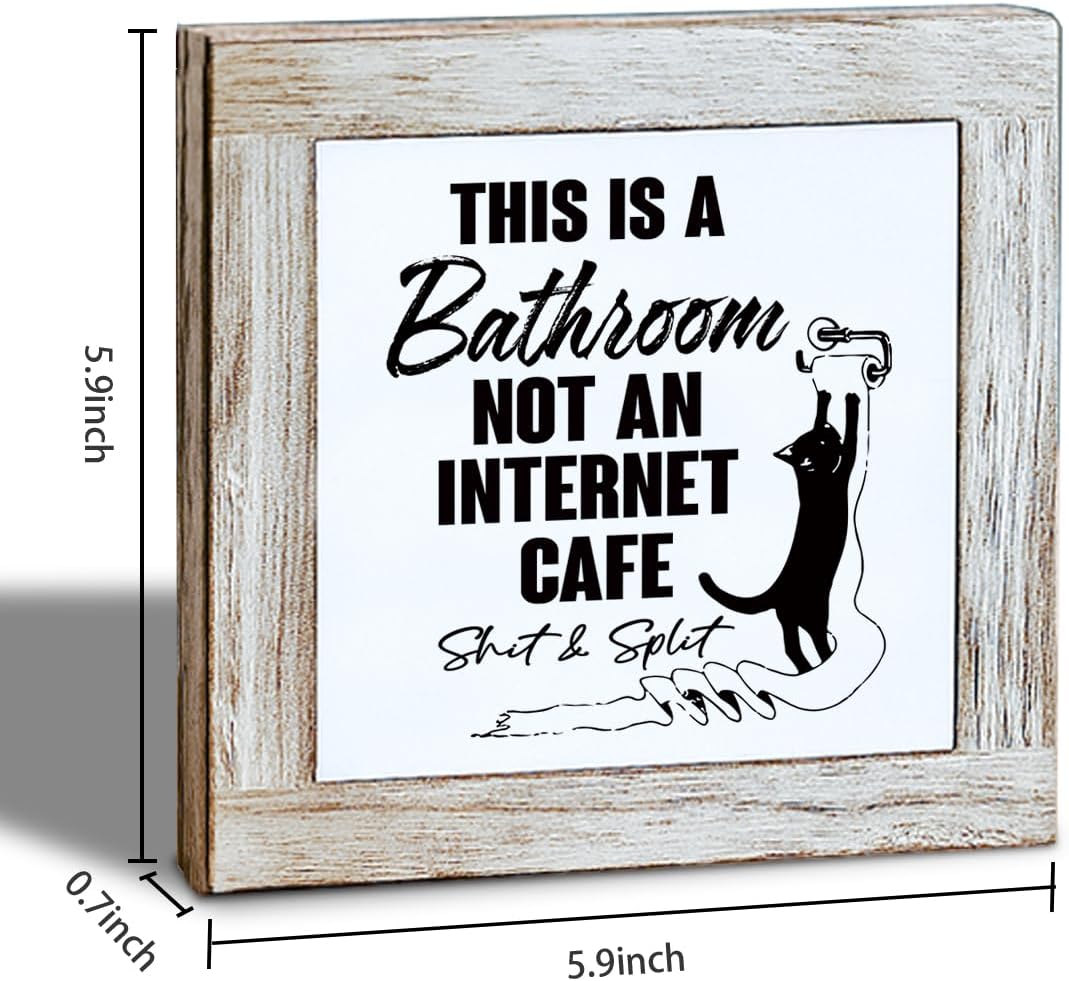 Bathroom Wooden Box Sign, This Is A Bathroom Not an Internet Cafe, Funny Toilet Decor Sign, Rustic Farmhouse Restrooms Wood Signs, Square Wood Block Signs Table Decor 5.9×5.9 inch - Image 2