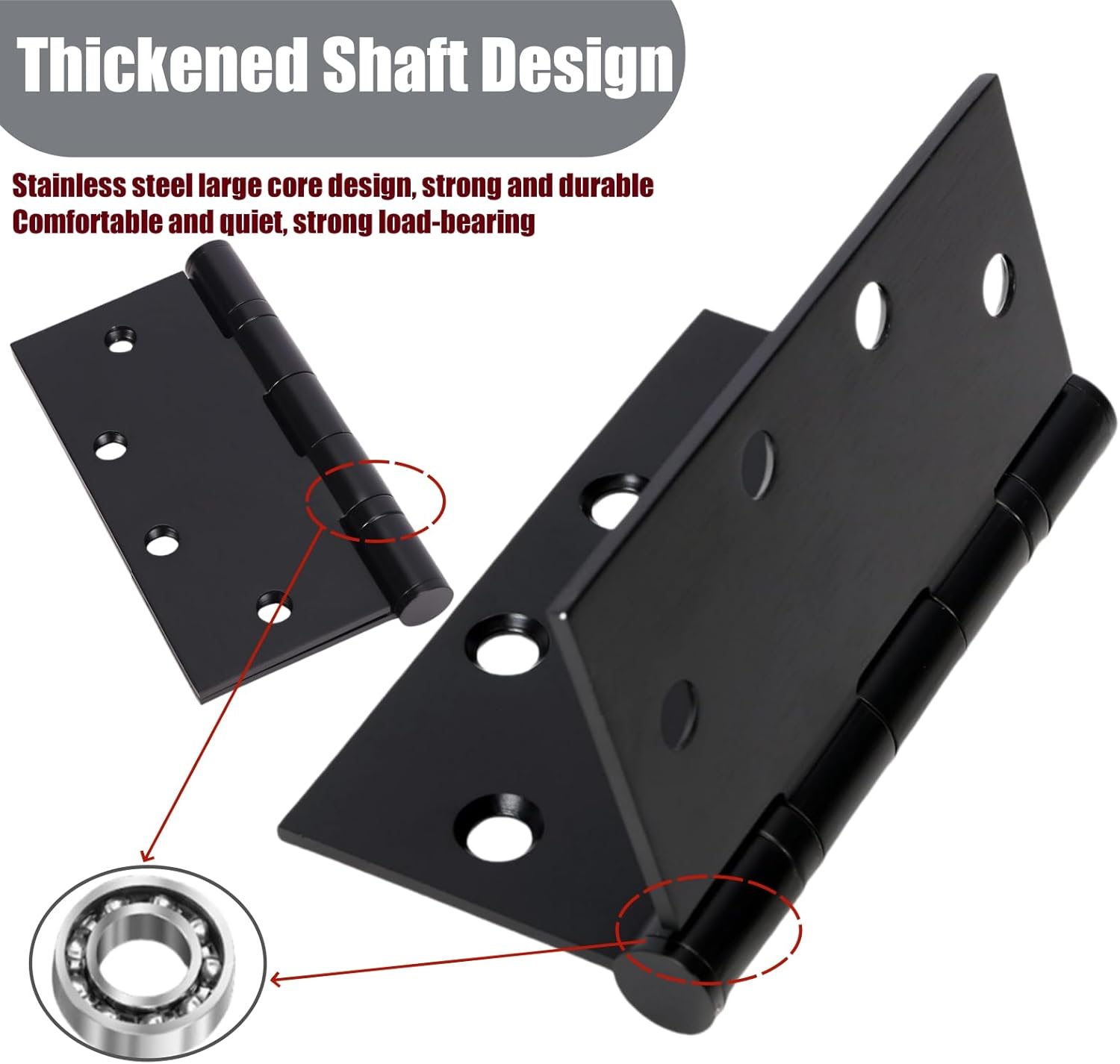 6Pcs 4.5 x 4.5 Inch Heavy Duty Door Hinges, Matte Black Commercial Door Hinges with Silent Steel Plain Ball Bearing, Thickness 3 mm 304 Stainless Steel Square Hinges with 48pcs Screws