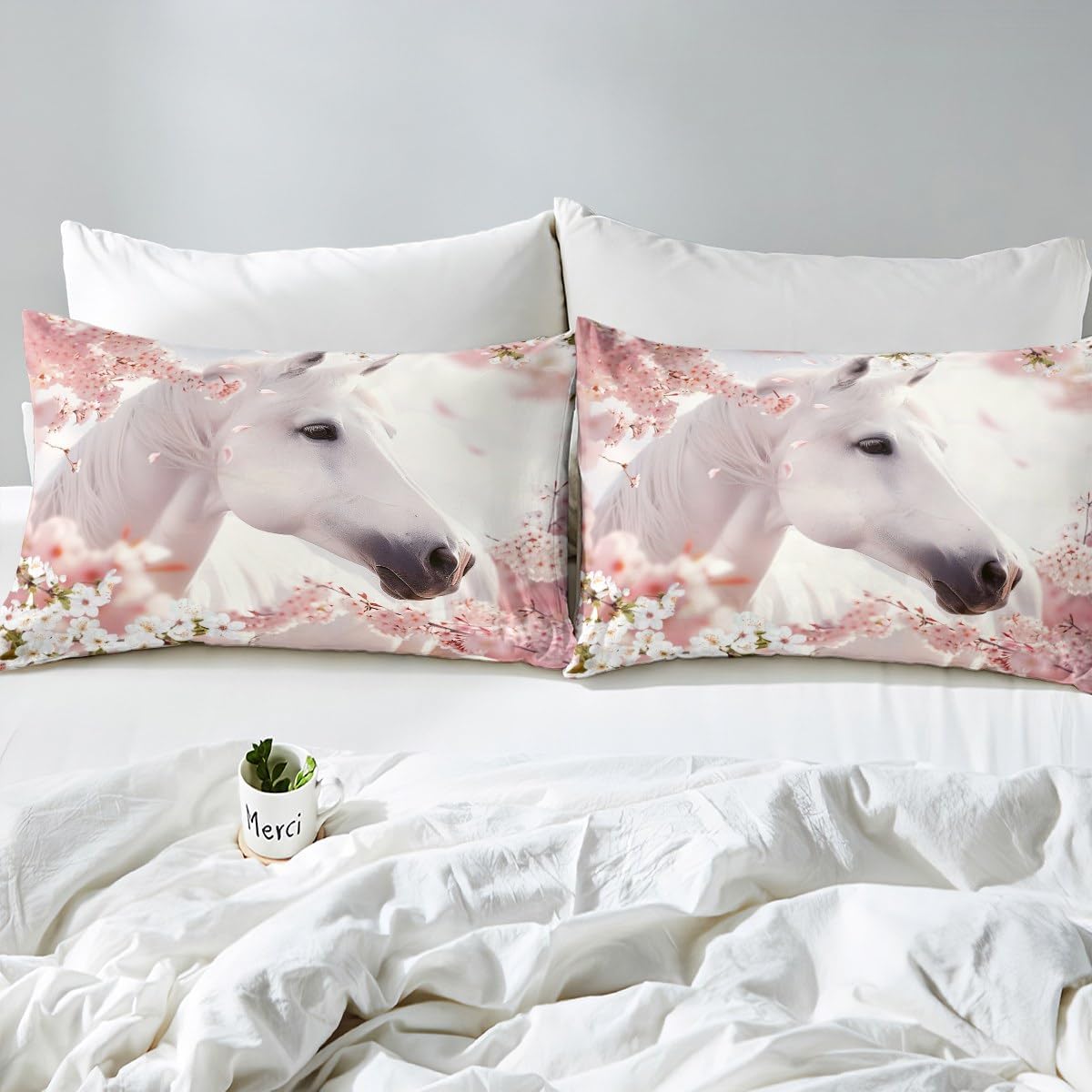 Feelyou Kids Horse Bedding Set Cherry Blossoms Duvet Cover Twin Size for Boys Girls Bedroom Decor Cute Animal Decor Comforter Cover Set Pink and White Bedspread Cover with 1 Pillow Case(No Comforter)