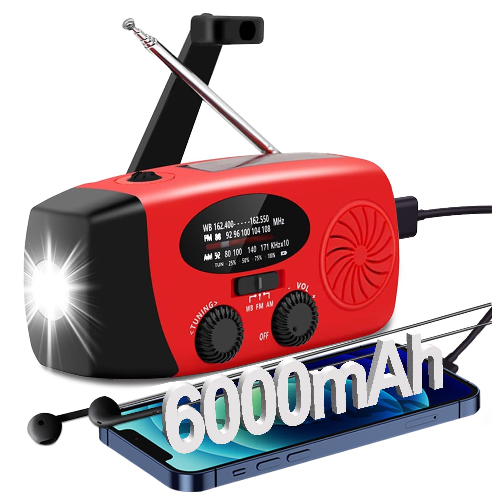 6000mAh/22200mWh Emergency Weather Radio, AM/FM/NOAA Hand Crank Solar Powered Radio, Emergency Phone Charger, 1W 4 Modes Flashlight, SOS Alarm, Earphone Jack, for Emergency