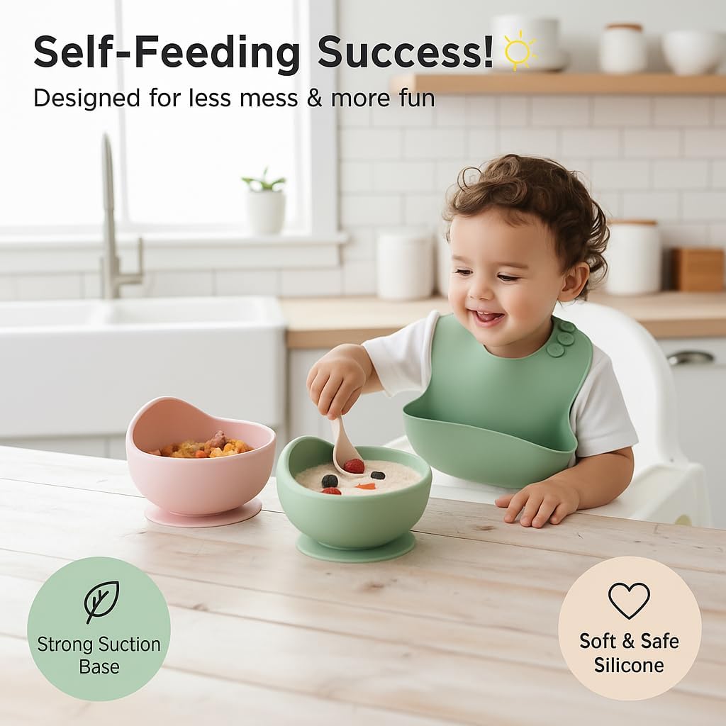 Silicone Baby Suction Bowls (3 Pack) – Non-Slip Stay Put, High Edge for Self Feeding, BPA Free Toddler Feeding Bowl, (Pink/Green/Beige)