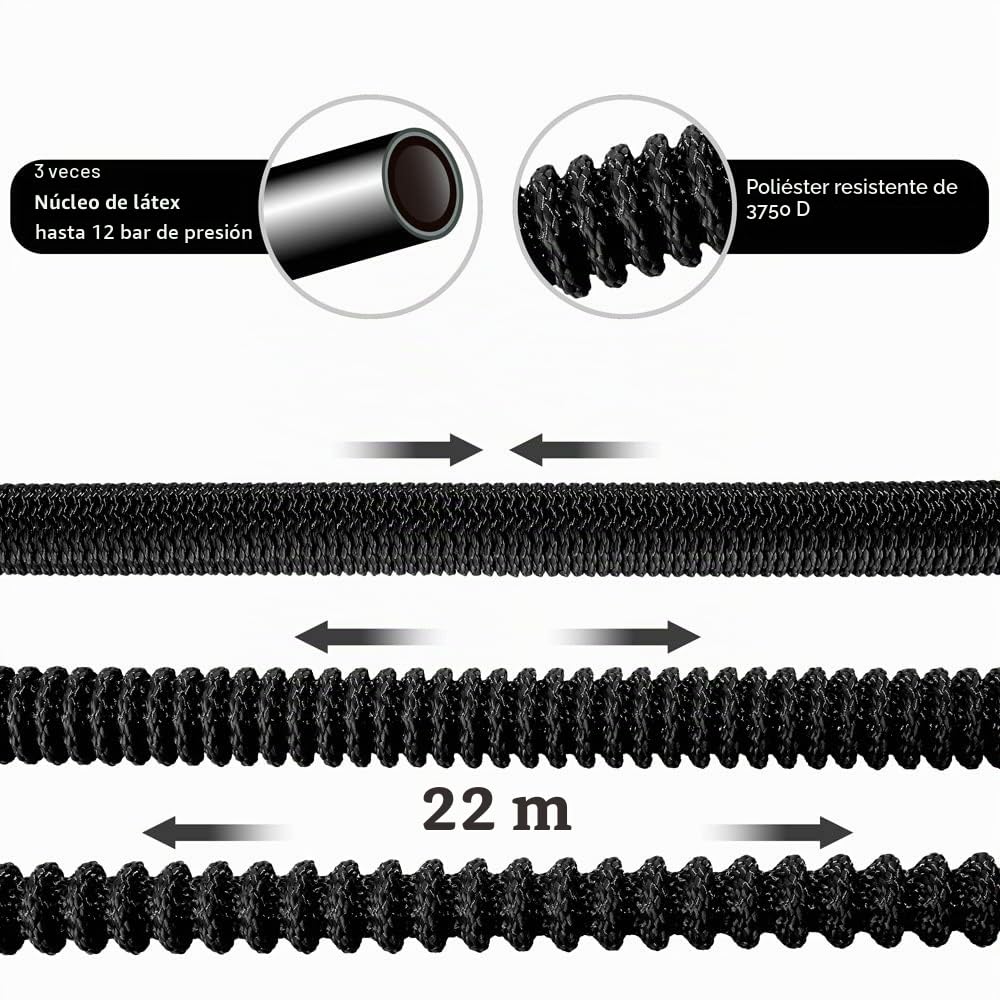 GARDEBRUK® Manguera de Jardín Extensible Flexible 22m 8 Funciones de Riego Adaptador 1/2' 3/4' Núcleo Látex Negro