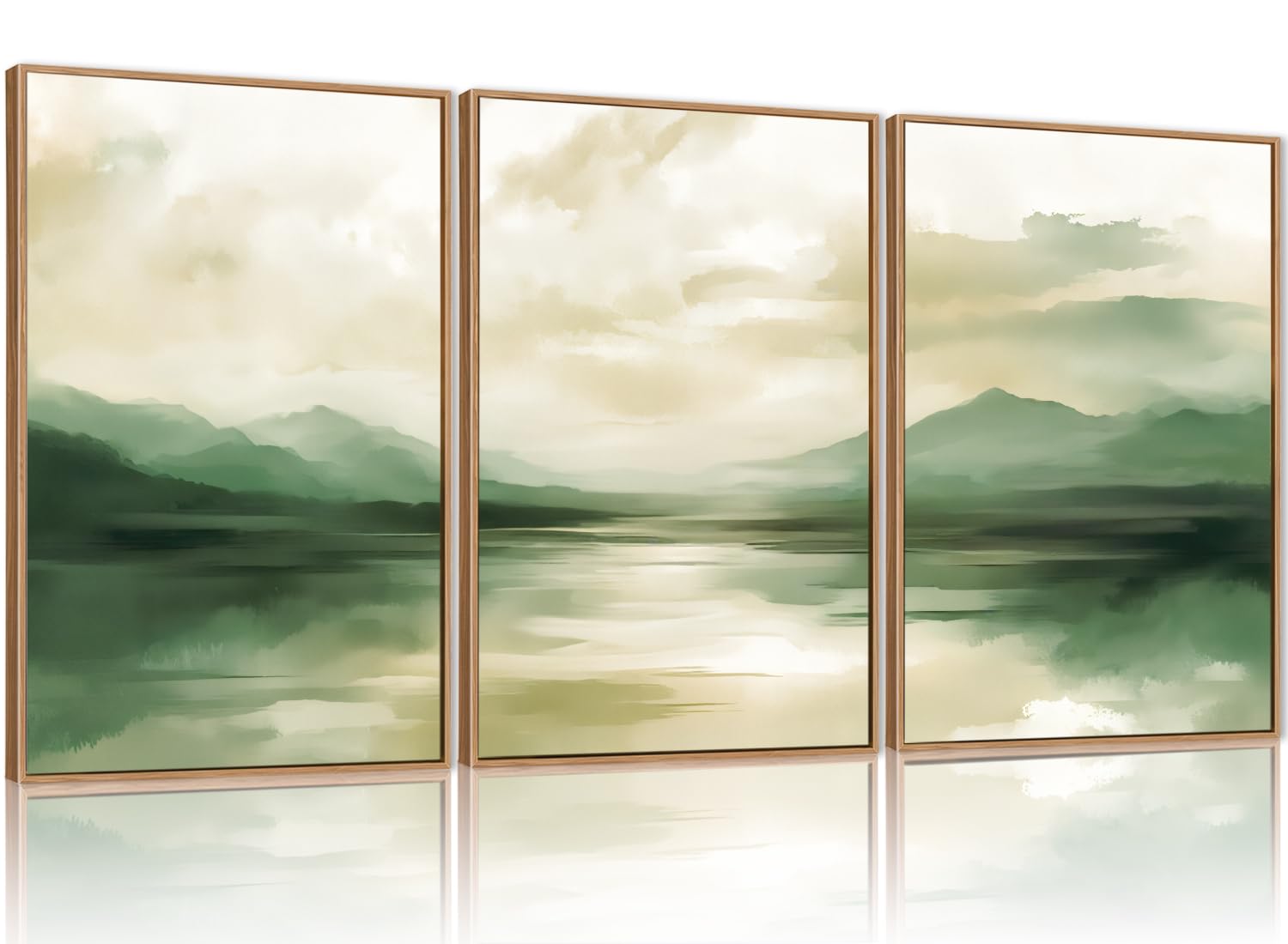 FWIEXA Sage Green Abstract Canvas Wall Art Set of 3, Framed Beige White Landscape Painting, Neutral Watercolor Mountain Prints, Nature Mountains Lake Prints, 16x24In Artwork for Living Room, Bedroom
