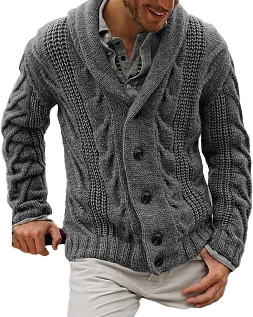 Men's Retro Collar Single Row Large Knitted Sweater Solid Color Casual Loose Knitted Cardigan Coat