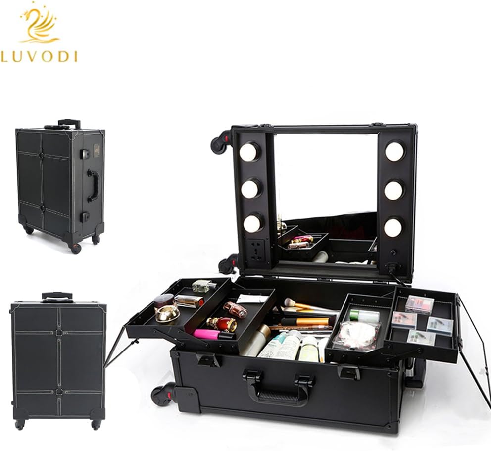 LUVODI Makeup Train Case with Mirror and LED Lights Hollywood Vanity Set Rolling Travel Cosmetic Organizer Box Portable Pro Artist Trolley Studio with 4 Detachable Wheels for Dressing Hair Salon