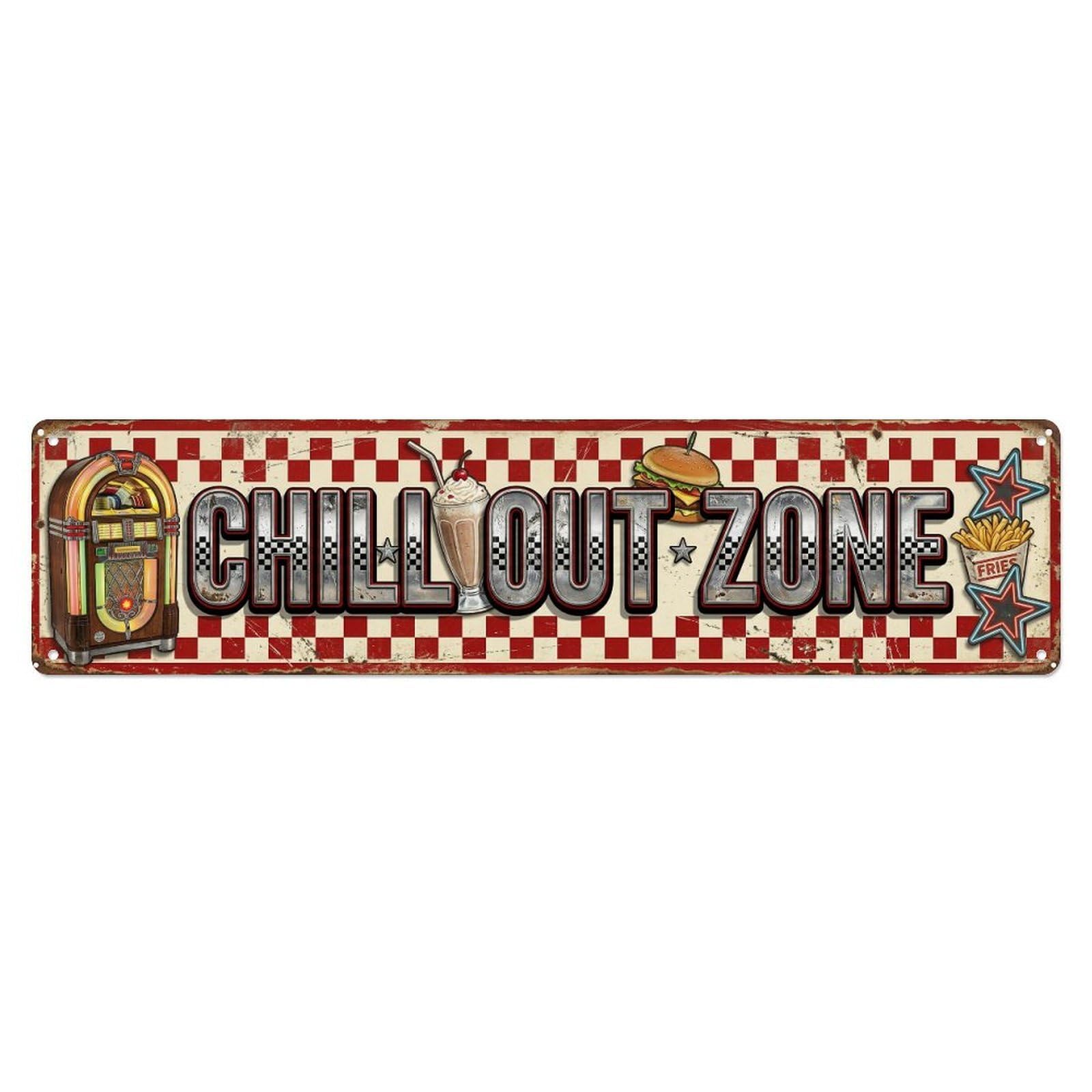 Chill Out Zone Aged Diner 5 Metal Tin Skinny Sign Plaque Wall Decor for Cafe, Club Bar, Office, Home Garden Metal Poster 4x16Inch