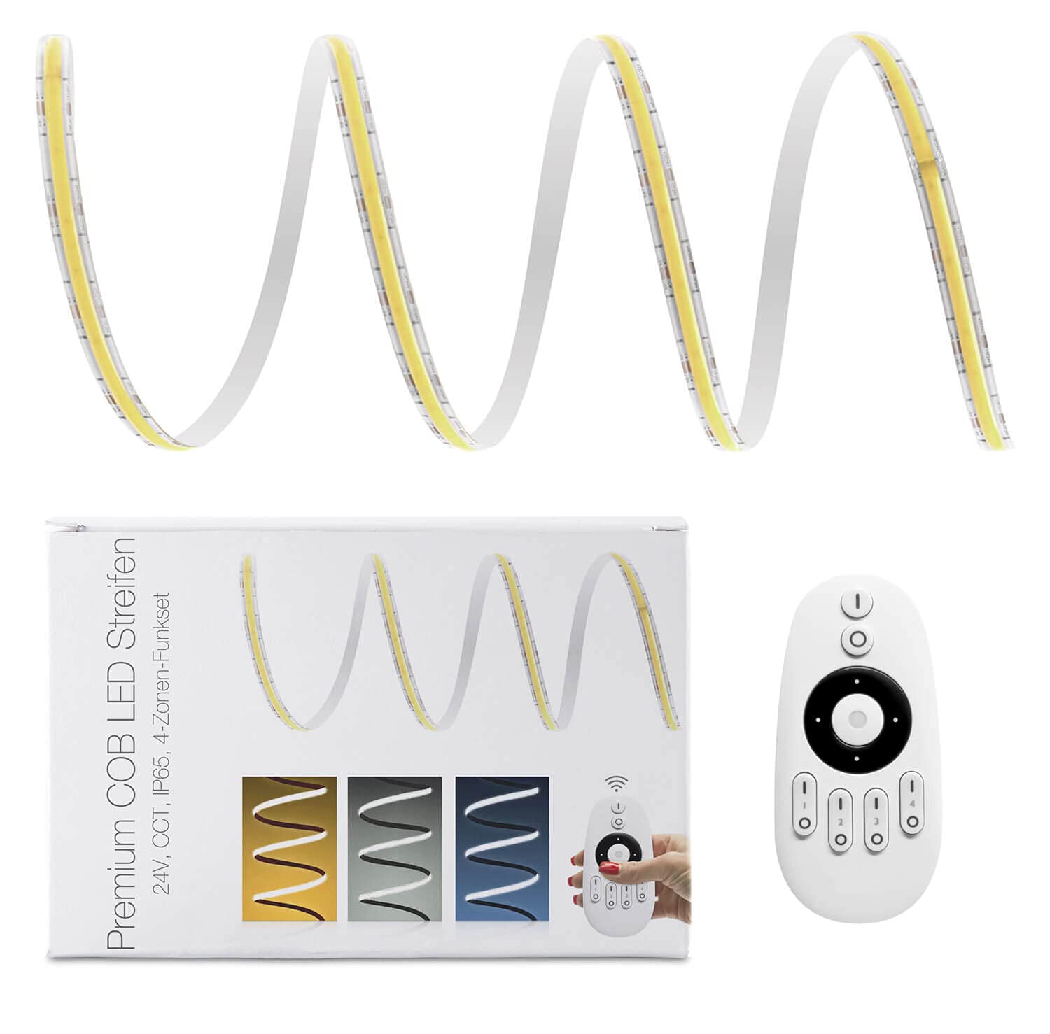 LED Universum Juego de tiras LED COB CCT blanco dual, juego de 4 zonas con mando a distancia, controlador y fuente de alimentación, filamentos premium, 24 V, IP65, blanco dual (2 metros)