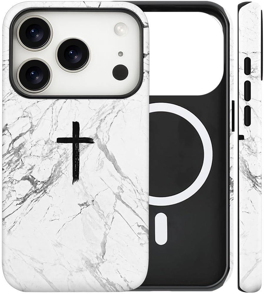 Funda magnética para iPhone 17 Pro Max, diseño de cruz cristiana de mármol blanco, a prueba de golpes, delgada, suave, poliuretano termoplástico y policarbonato duro, compatible con MagSafe, regalo