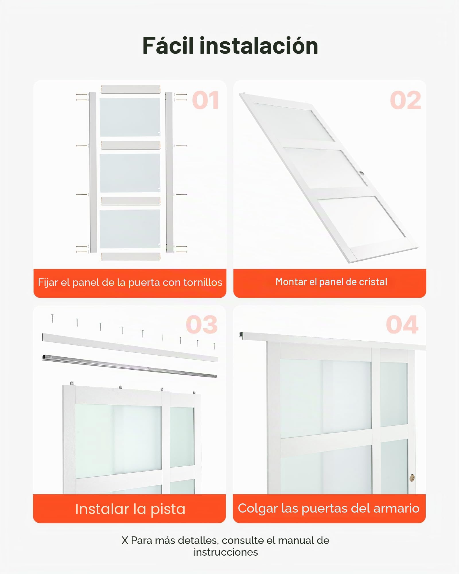 VEVOR Puerta Corrediza de Armario, para Huecos de 1829 x 2032 mm, Puerta Doble de 3 Paneles de Vidrio Esmerilado con Kit de Herrajes, Madera Maciza y MDF, Superficie de PVC Impermeable, Blanco