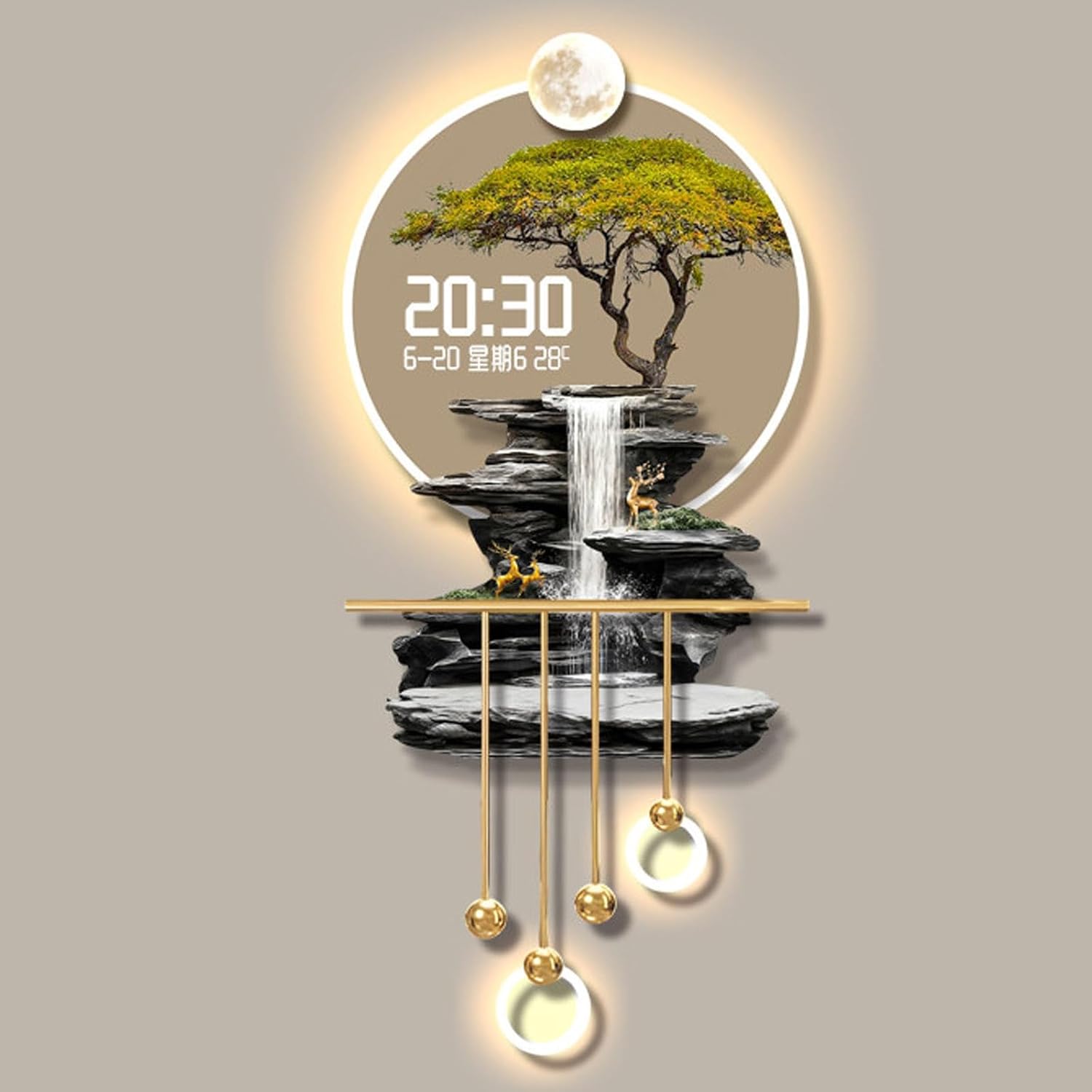 3D LED Wall Art Decor with Digital Clock, Illuminated Crystal Porcelain Painting for Living Room, Modern Entryway Decoration