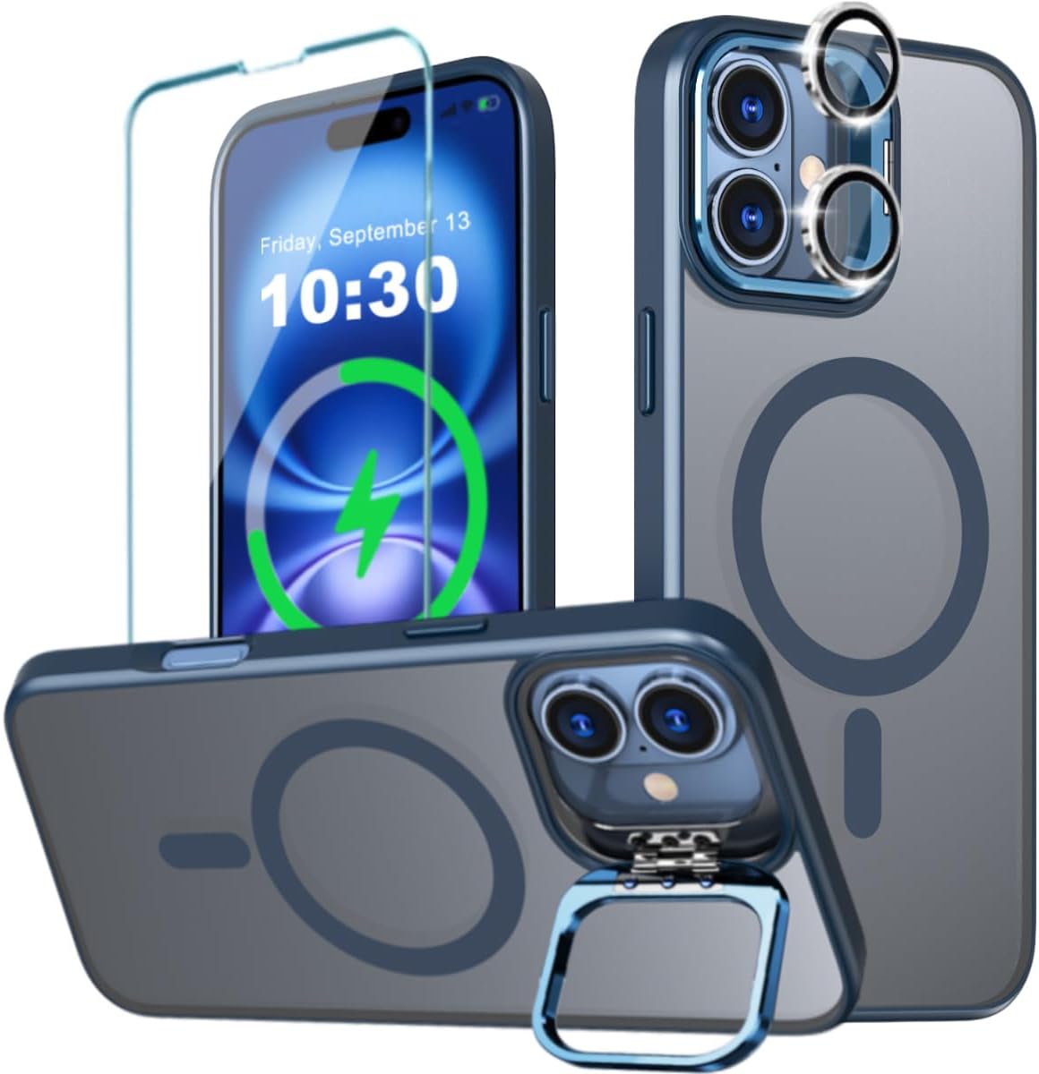 Ultra Magnetic for iPhone 16 MagSafe Case with Metal Camera Stand Ring Adjustable Sturdy, Matte Translucent Slim Shockproof with 1 Screen 1 Camera Lens Protector for iPhone 16 6.1"(Deep Blue) Deep Blue iPhone 16, 6.1"