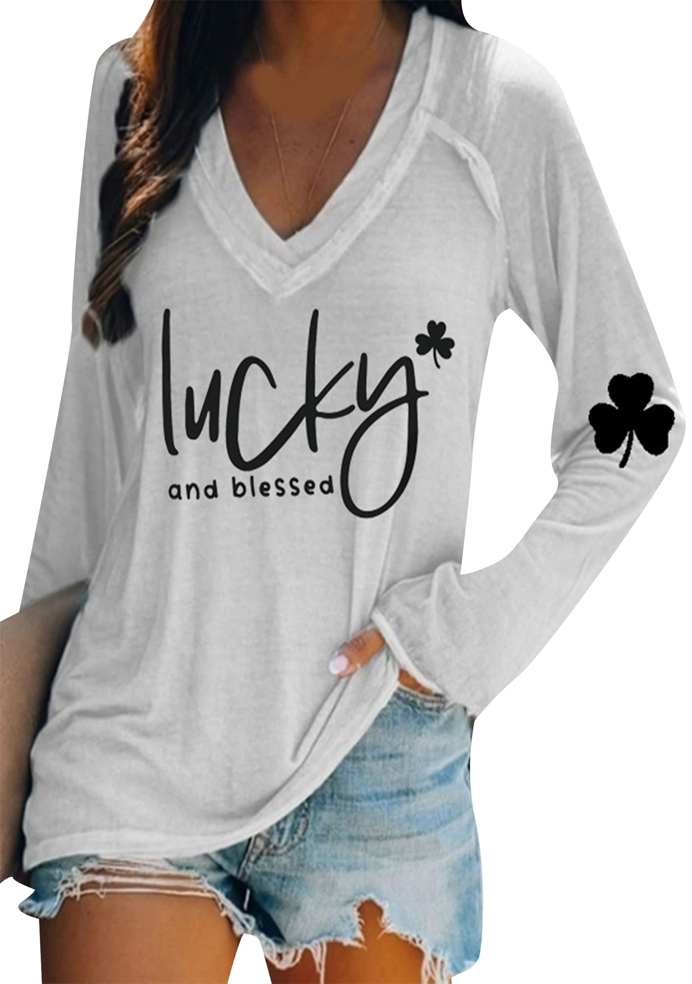 BOFETA Women St Patricks Day Sweatshirts Loose Long Sleeve Shirts Green Shamrock Print Blouse Flowy Color Block Pullover Tops
