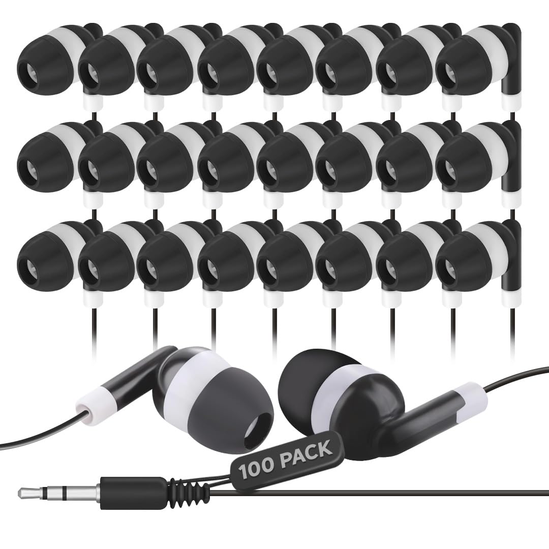 JustJamz Bulk Earbuds 100 Pack | Wired in-Ear Earphones for Classroom, Students, Kids, and Libraries | Disposable Headphones with 3.5mm Jack, Perfect for Schools, Laptops, and Chromebooks, Black