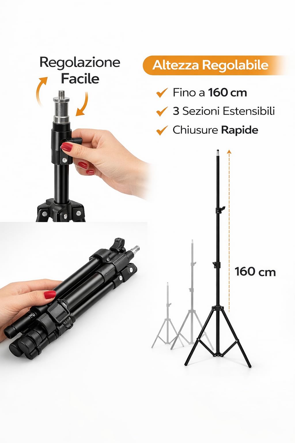 Treppiede per Ring Light 160 cm, Supporto Regolabile in Alluminio con Attacco Universale 1/4", Compatto 50 cm, per Smartphone e Fotocamera