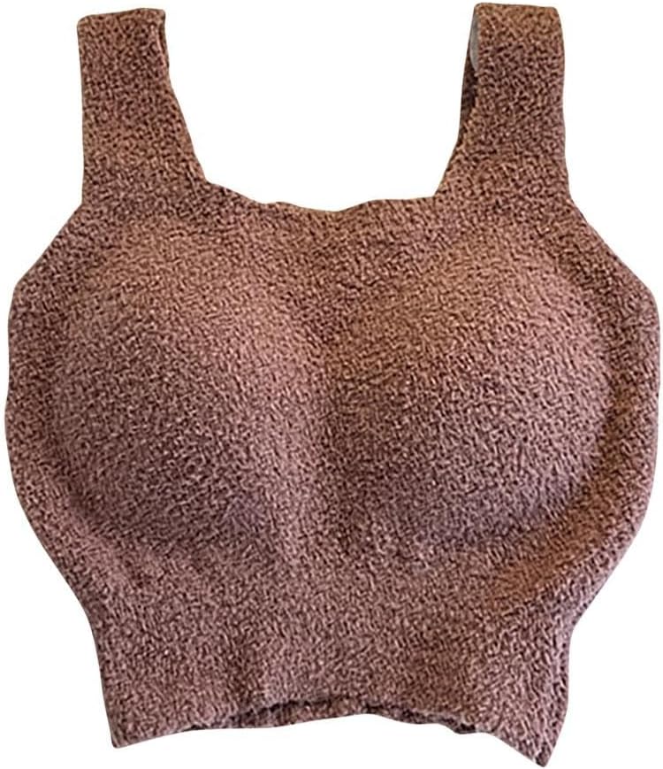 Womens Sherpa Fleece Tank Top with Built-in Bra Sexy Fuzzy Warm Padded Crop Tops Winter Thickened Soft Underwear
