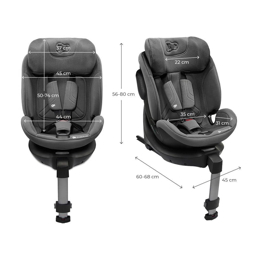 Kinderkraft XRIDER2 I-SIZE 40-150 cm, Kindersitz 0-36 kg, 0-12 Jahre, 5-Punkt-Gurte, 360 grad drehbar, Kinderautositz mit ISOFIX, FWF und RWF, verstärkte Kopfstütze, Memory-Schaum, Grau