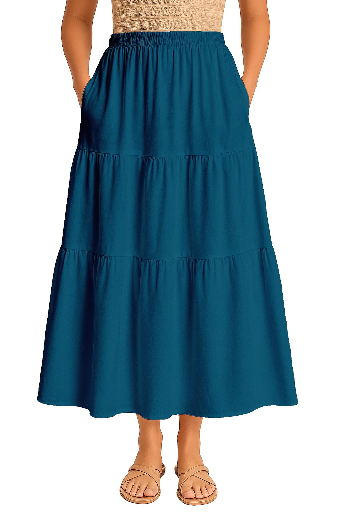 Women's Elastic Waist Skirt | Solid Bohemian Style Rayon Maxi with Side Pockets | Tiered Flowy Skirt with Pockets-image-17