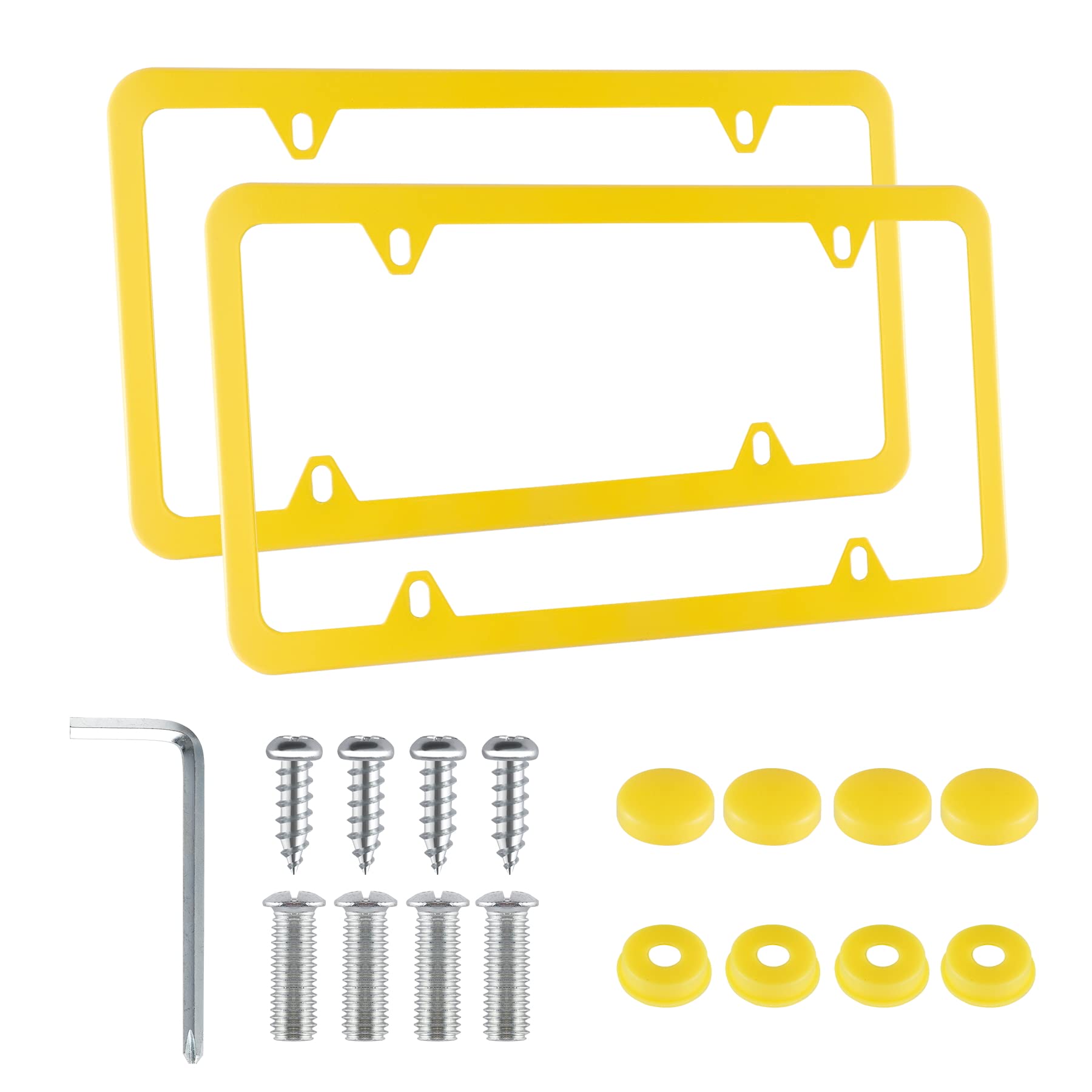 Alpmosn 2PCS Stainless Steel License Plate Frames, 4 Holes Car Licence Plate Covers with Screws Washers and Caps, Car Exterior Accessories, License Plate Holder for US Vehicles (Yellow)