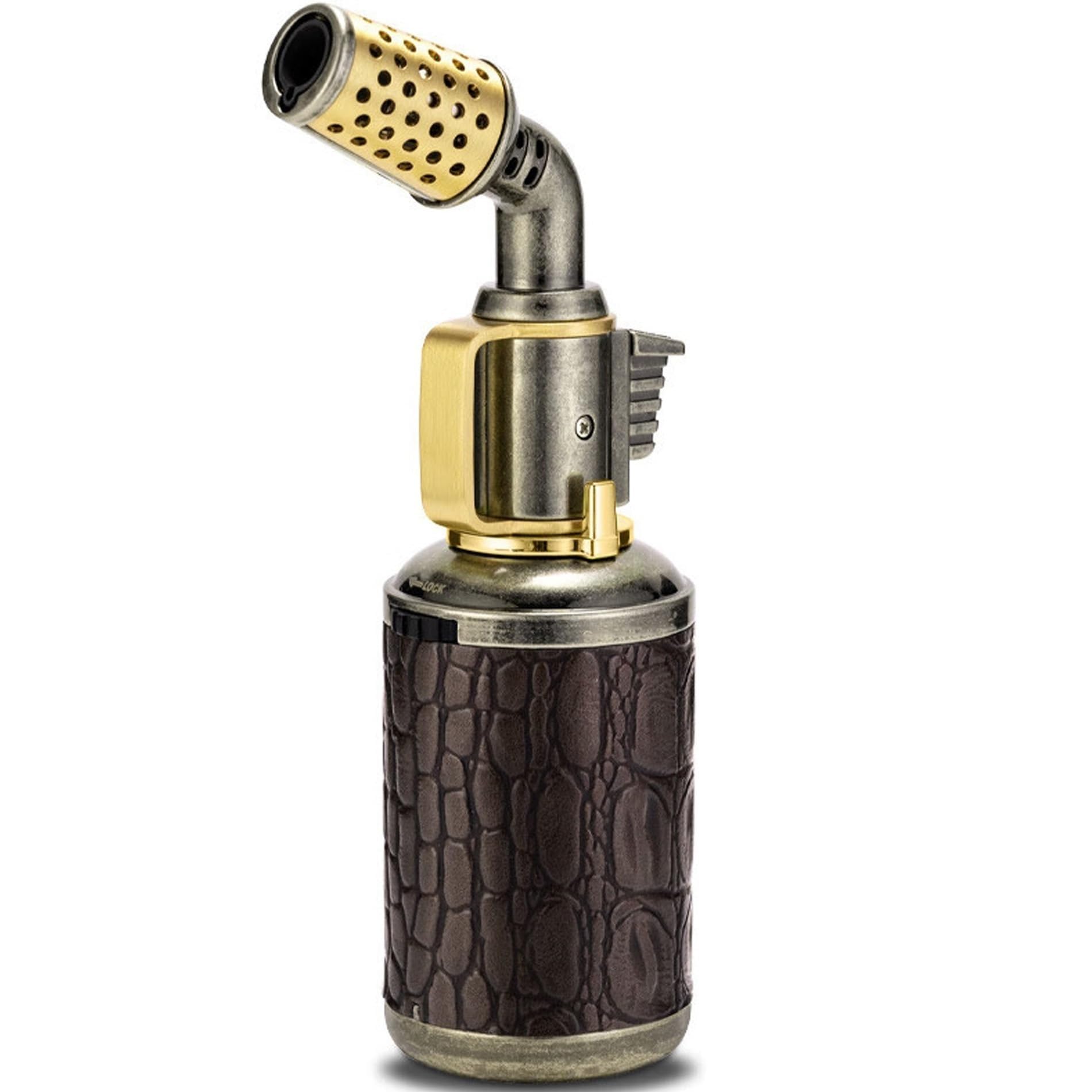 Encendedor de antorcha de butano recargable, llama de chorro resistente al viento, diseño de metal portátil con bloqueo de seguridad y bloqueo de llama para aventuras de camping y senderismo