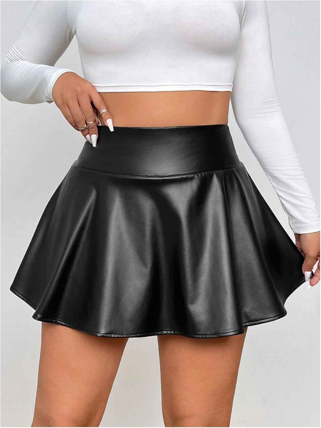 OYOANGLE Women's Plus Size PU Leather Ruffle Short Skirts High Waist Pleated Skater Skirt with Built in Shorts - Image 3