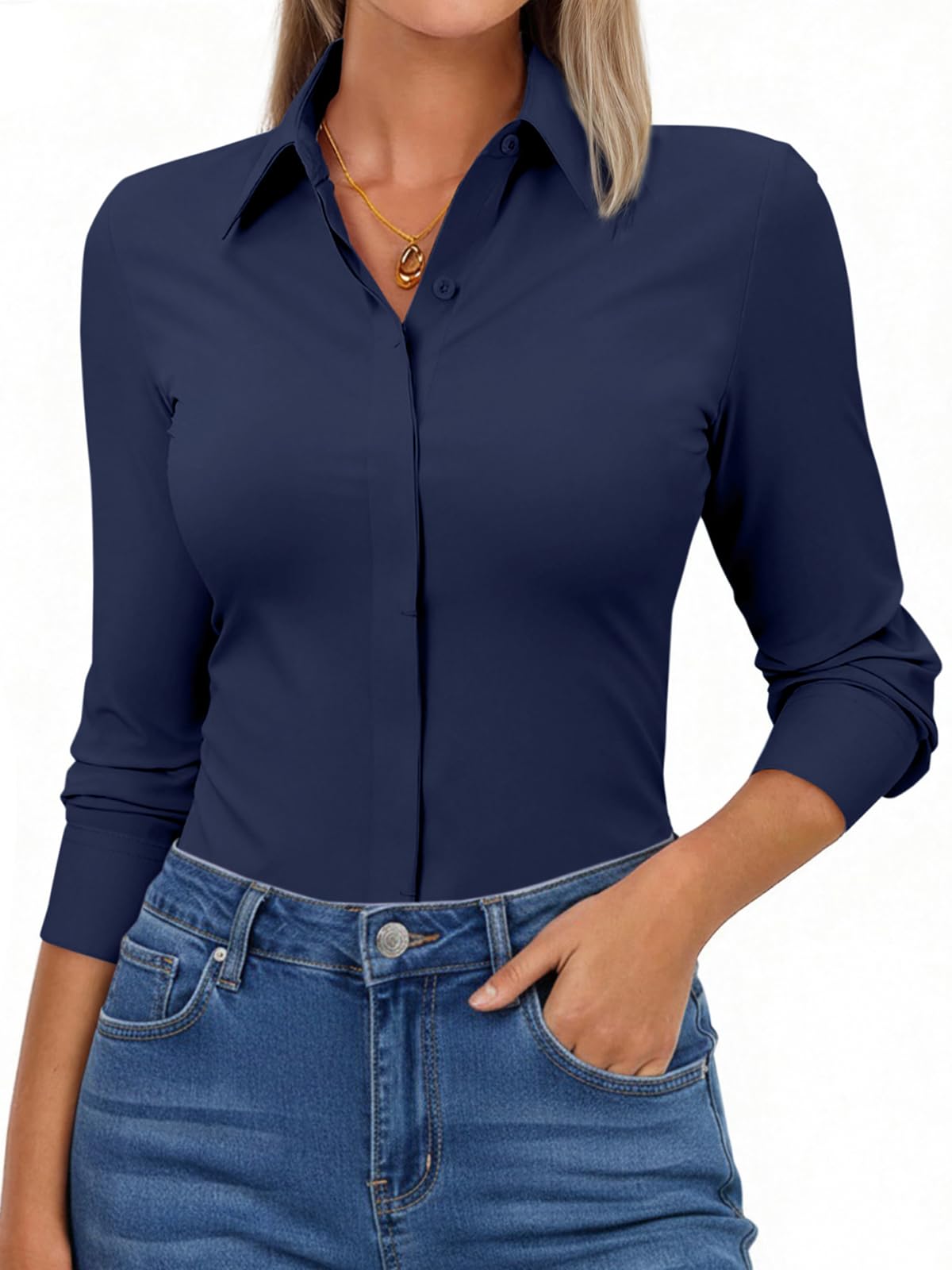Aoudery Button Down Shirts for Women Slim Fit Long Sleeve Stretch Dress Shirts Work Shirt Wrinkle Free Office Blouse Top